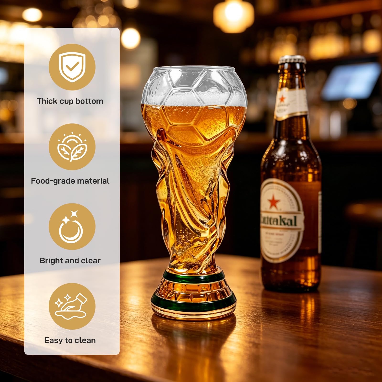 Boccale da birra da 480 ml, per la Coppa del Mondo di calcio, per birra, cocktail, bevande, feste di calcio (calcio, trasparente)