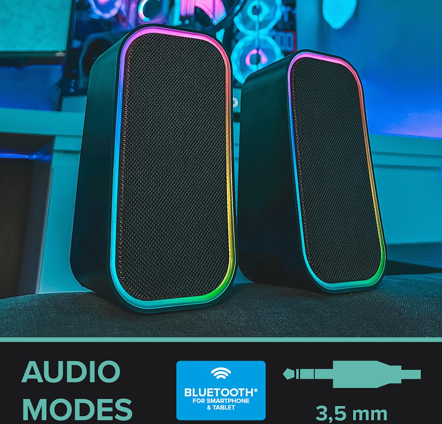 Speedlink Token Gaming PC Głośnik Bluetooth - Głośnik do gier RGB z kablem Gniazdo AUX 3,5 mm lub złącze Bluetooth do laptopa, tabletu, smartfona, 6 trybów oświetlenia, 12 W, czarny