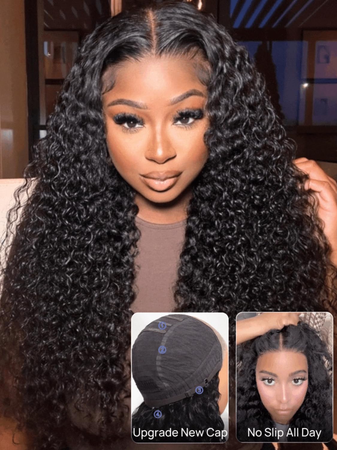 Julia Hair No Slip Water Wave Wig Glueless Flexible Mesh Cap 7x5 HD Lace Closure Human Hair with Drawstring Zero Slip Hold Bye-Bye Slip Wet and Wavy Wigs Pre Cut Bleached Knots Put on and Go 18 Inch