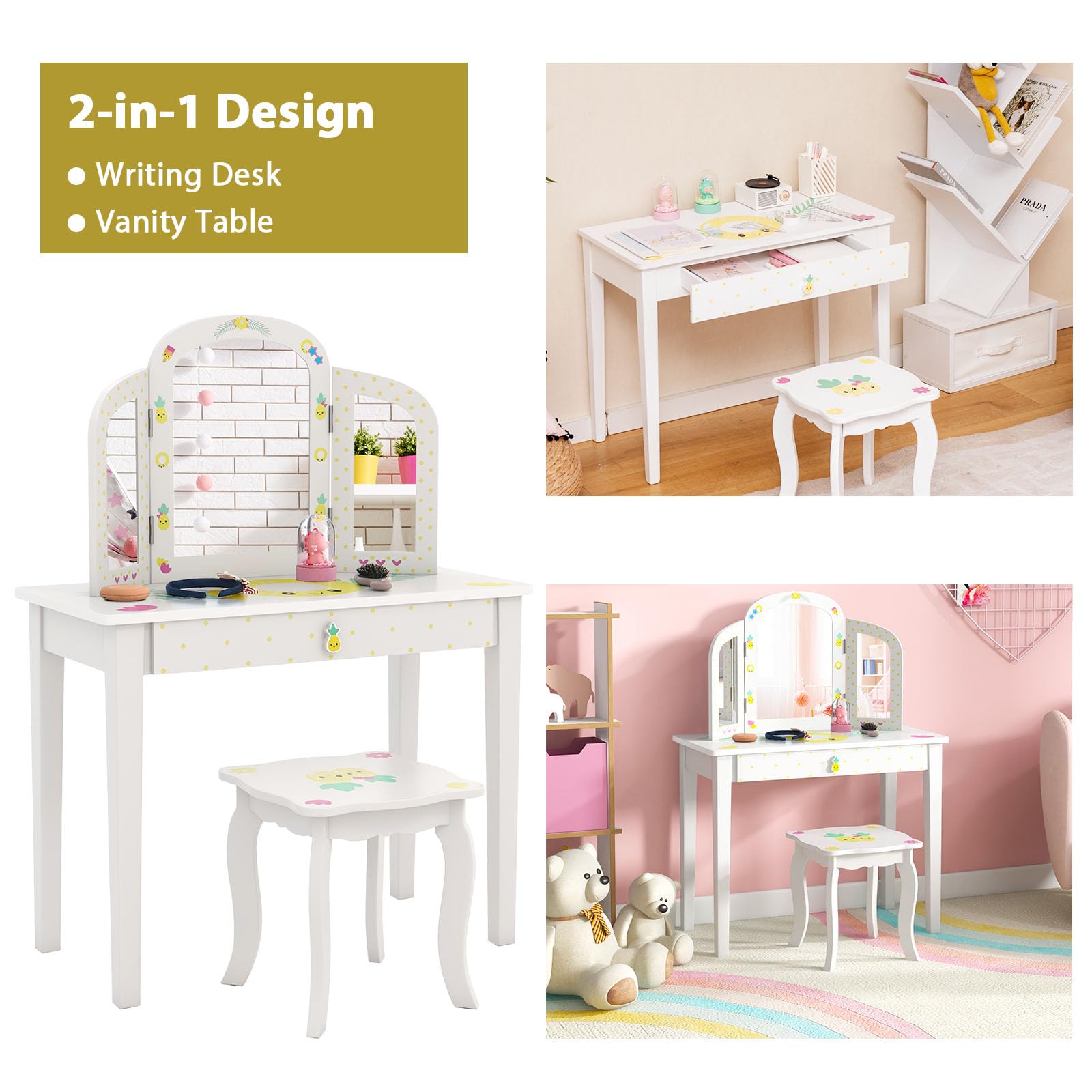 Beauty Kaptafel Met Krukje - Dresser Dream 3 | Inclusief accessoires | 60x32x75cm