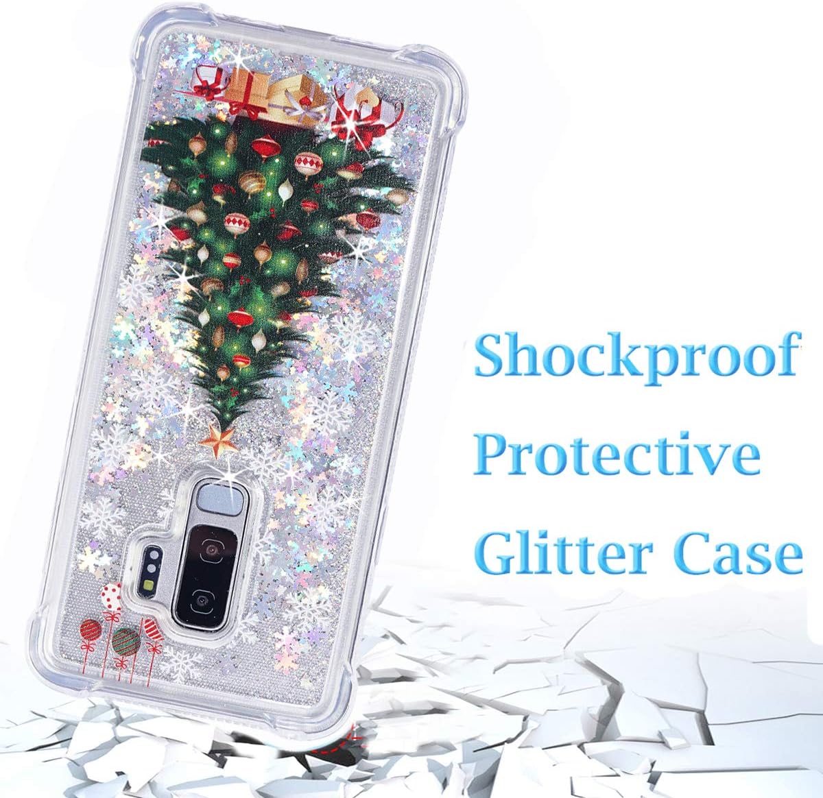 FLOCUTE Galaxy S9 Plus Case, Galaxy S9 Plus Chrismas Glitter Case Bling Sparkle Floating Liquid Soft TPU Cushion Luxury Fashion Girly Women Cute Case for Samsung Galaxy S9 Plus (Christmas Tree)