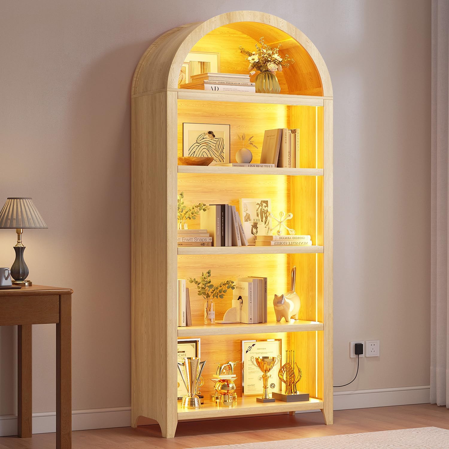 Arch Bookcase - 5 Layers Bookshelf with 3 Colors LED Sensor Lights and Thickened Wooden Design Display Shelf for Lego Books Bathroom Living Room - Ideal Gift (Light Wood)