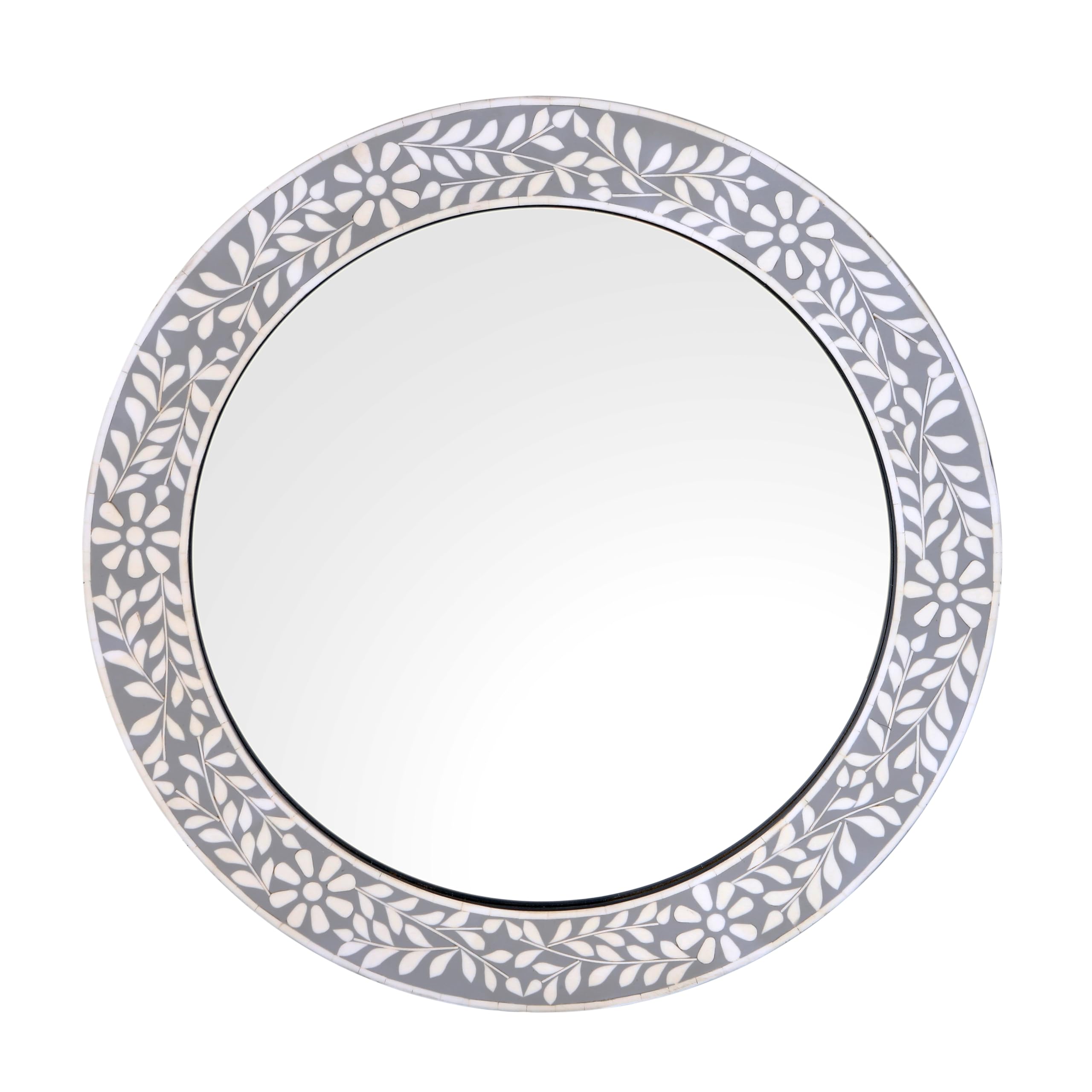 Harrow Decor Grey & White Resin Inlay Mirror In Floral Design Grey White, Wm-106, Size 24''