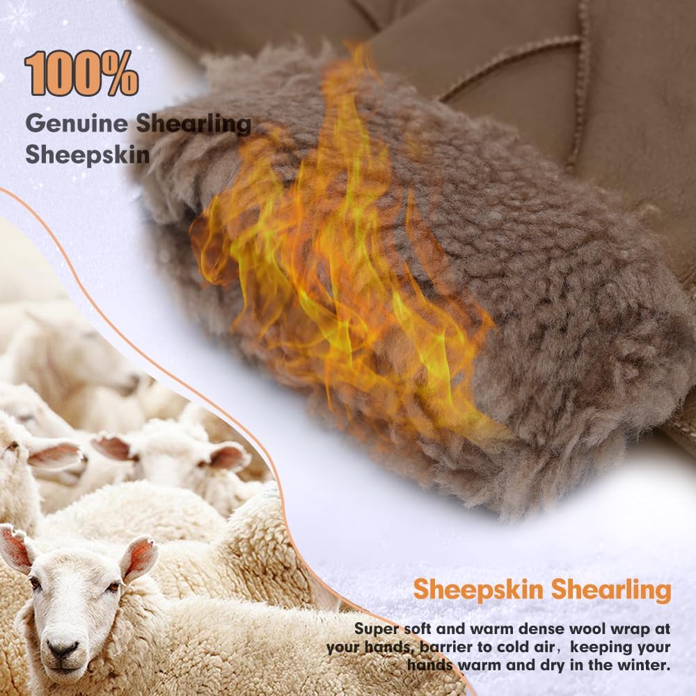 MGGMOKAY Women Leather Gloves Shearling Sheepskin Winter Warm Gloves Fur Lined - Image 3