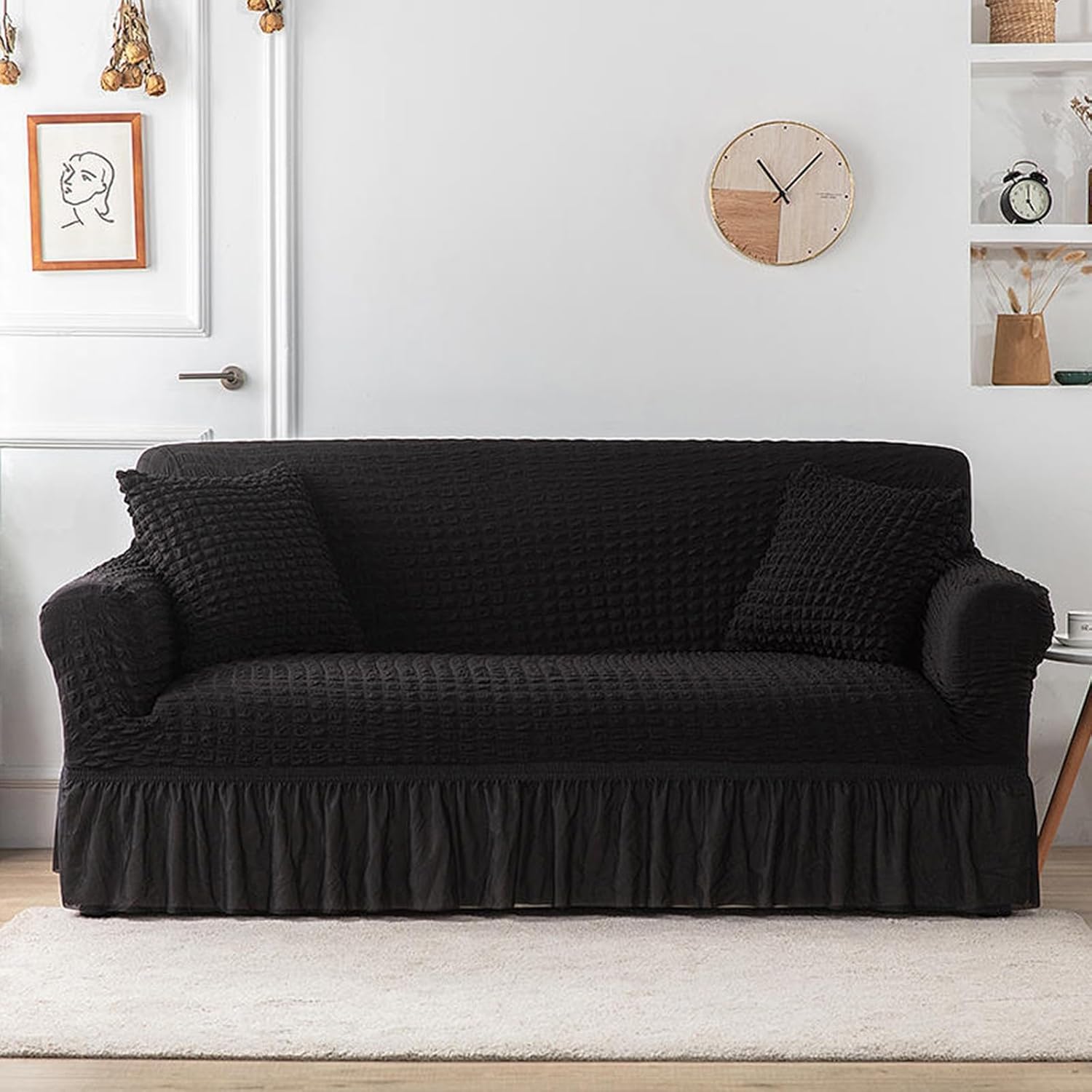 Stretch Armless Sofa Cover with Skirt Futon Covers Full Size 1 Piece Easy Fitted Sofa Bed Slipcovers Furniture Protector for Living Room Bedroom Black Medium