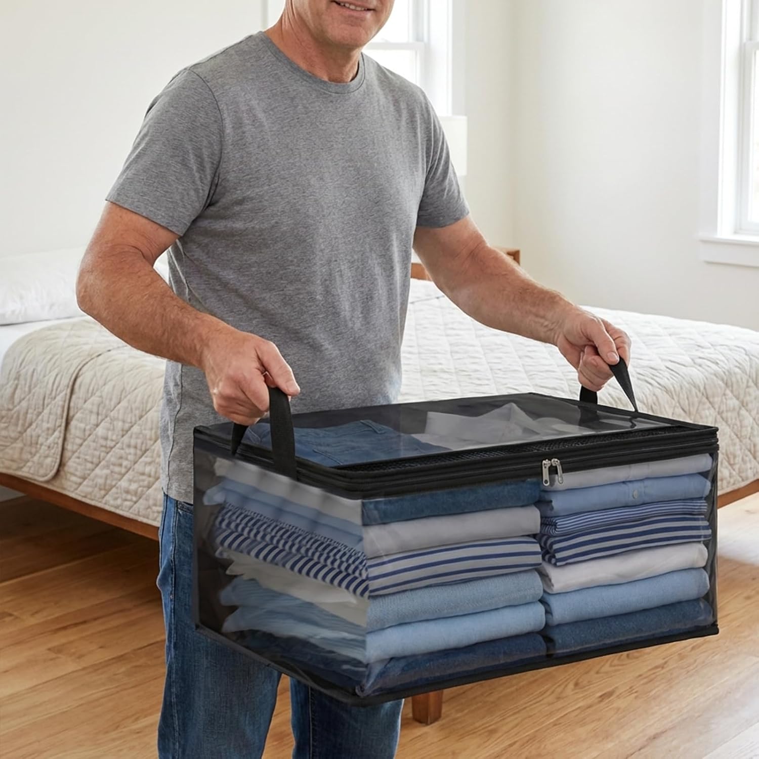 Fixwal Blanket Storage Bags 80L Large Clothes Storage Foldable Closet Organizers Storage Containers with Reinforced Handle for Clothing, Comforters, Pillows (Black, PVC, 4 Pack)