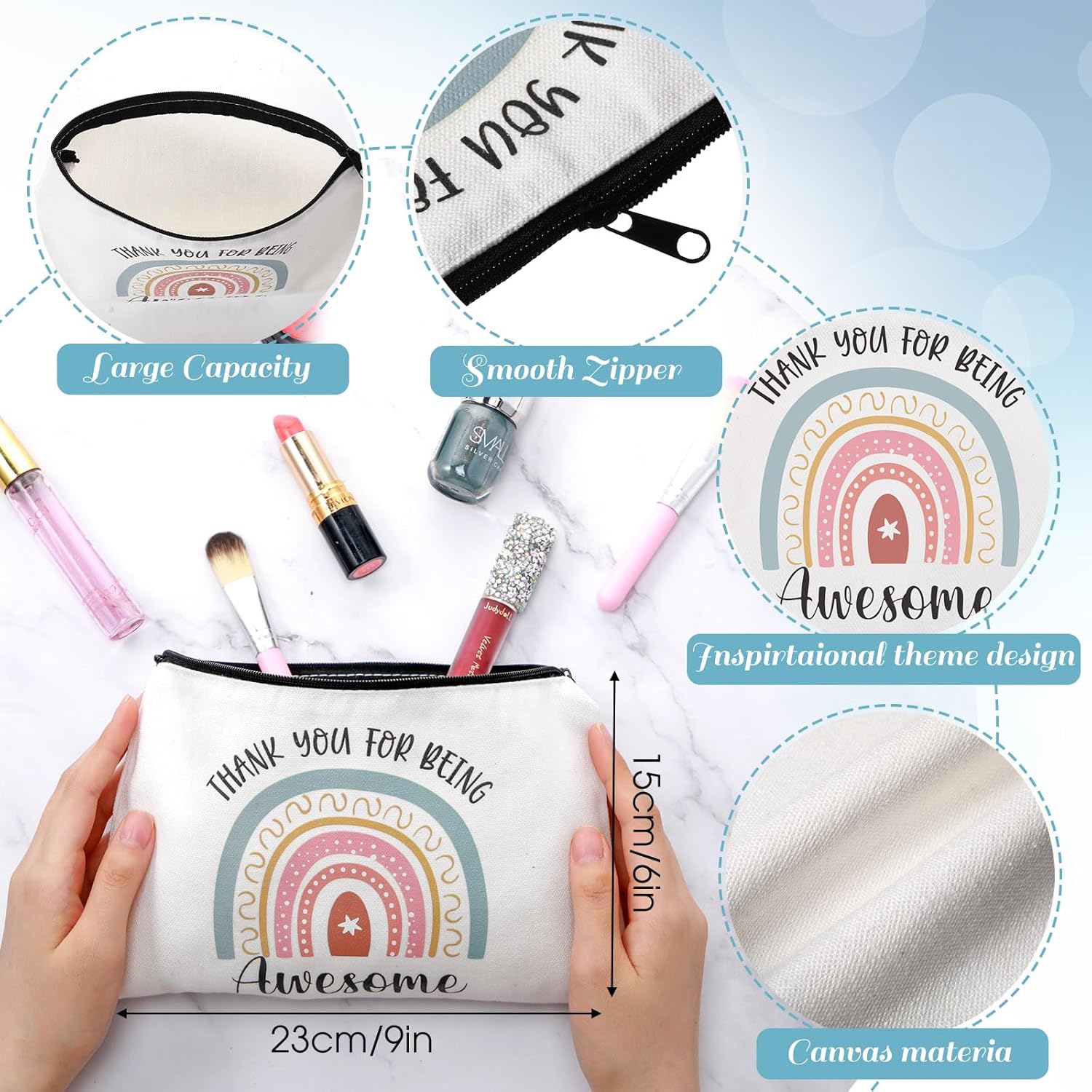Chunful 10 Pieces Inspirational Canvas Makeup Bags for Women Graduation Gift Rainbow Canvas Cosmetic Bags Bulk with Zipper Friendship Gift Travel Toiletry Pouch(Awesome) - Image 2