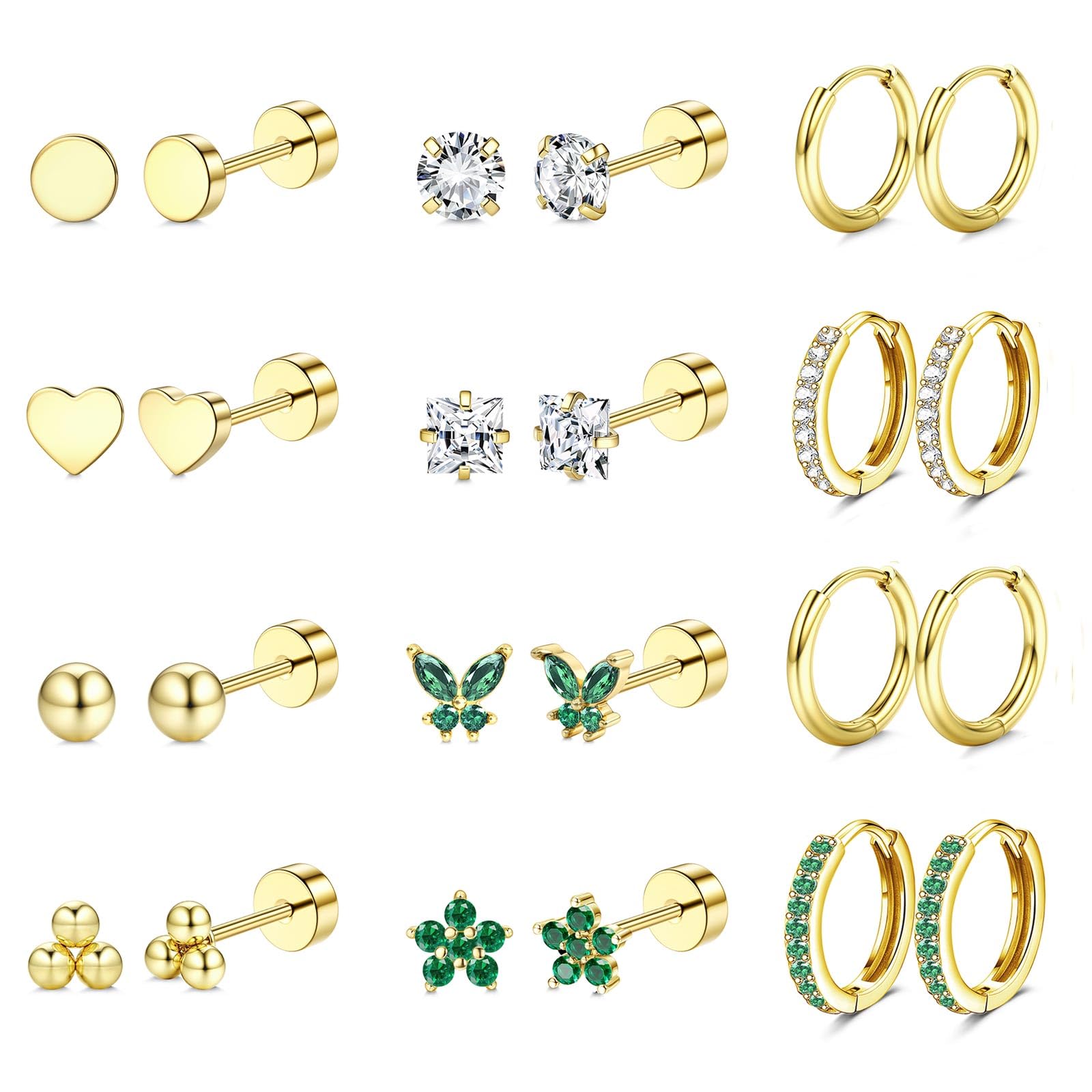 JstyleEar jewellery for sensitive ears, hypoallergenic surgical steel, 14K gold, flat back, women, men, small stainless steel stud ring, cartilage set, various piercings