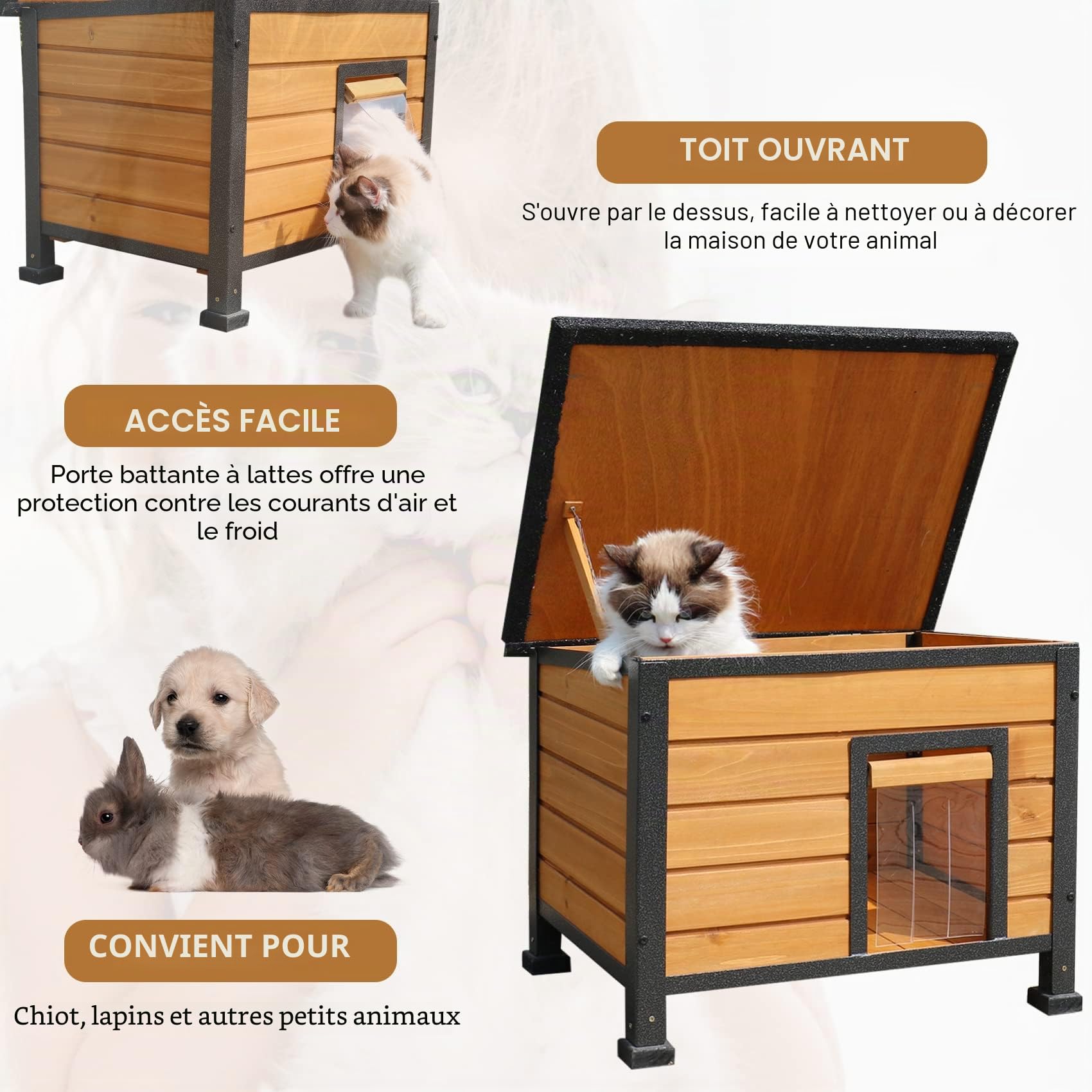 X-ZONE PET Niche en bois pour chat d'extérieur et d'intérieur - Résistante aux intempéries - Pour l'hiver - Clapier en bois pour lapins, cochons d'Inde, chat avec cadre en fer tout autour