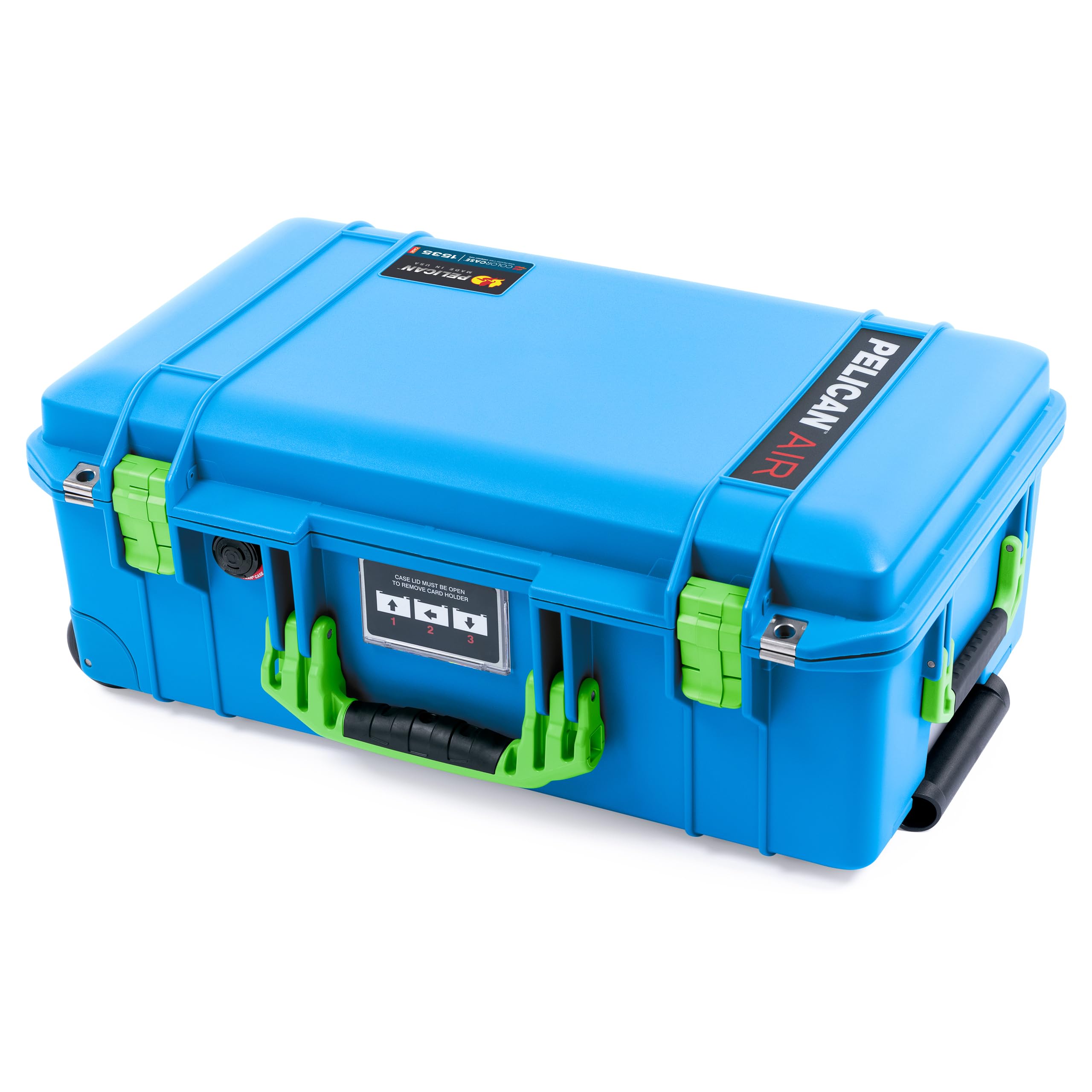 ColorCase Pelican Air 1535 Carry-on Case Electric Blue - Medium Size Waterproof Case with Gray Padded Microfiber Dividers & Lid Foam - Lime Green Handles & Latches
