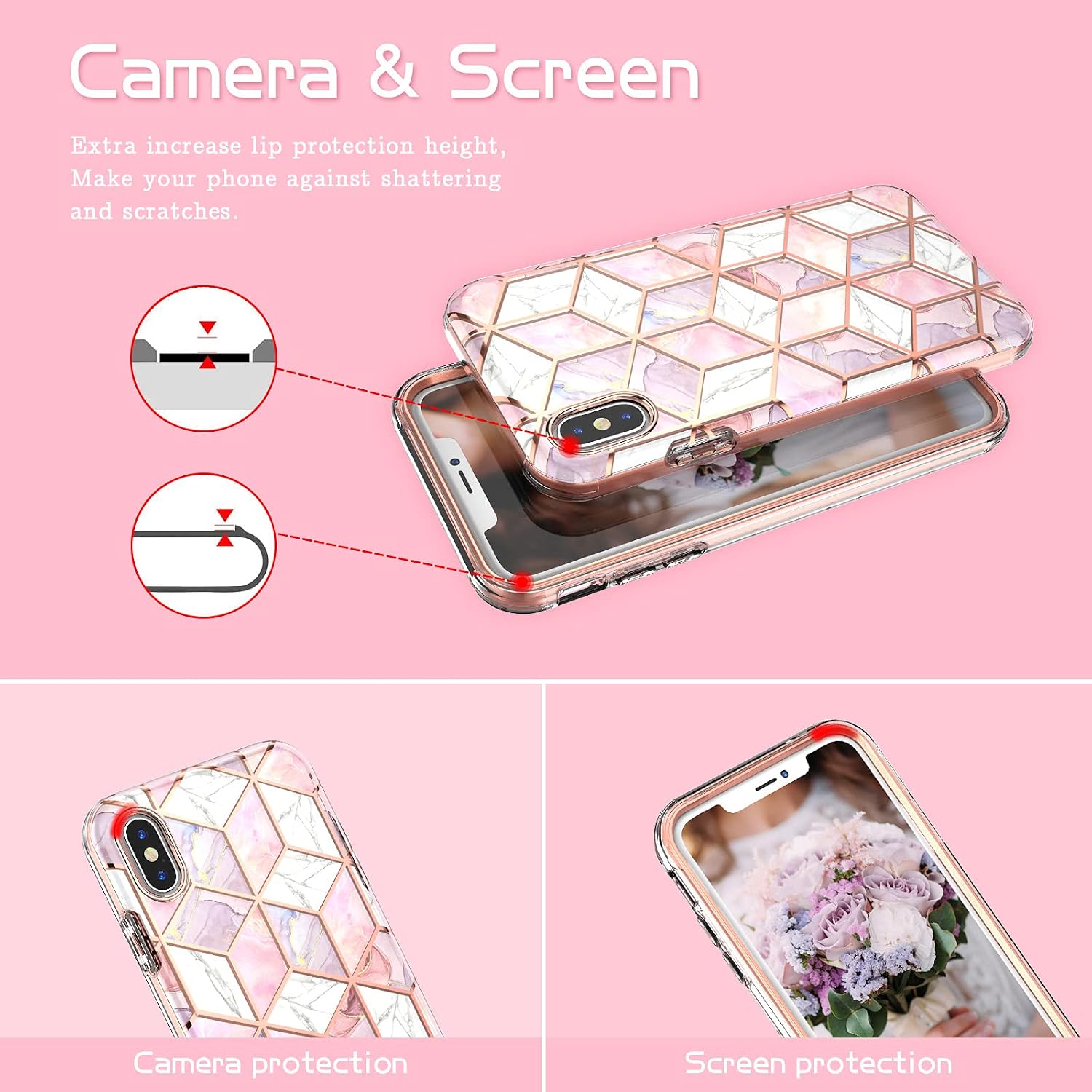 Hasaky Case for iPhone Xs Case,iPhone X Case 5.8 Inch,Dual Layer Hybrid Bumper Girls/Women Marble Design Soft TPU+Hard Back Heavy Duty Anti-Scratch Shockproof Protective Phone Case -Pink/Rose Gold