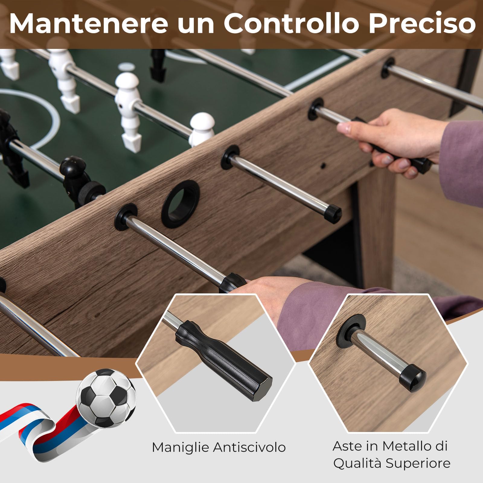 GYMAX Tavolo da Calciobalilla di 137 cm, Set da Gioco di Calcio con 2 Palloni per Bambini, Adolescenti e Adulti, Calcio Balilla in Legno per Casa, Sala Giochi, Ufficio