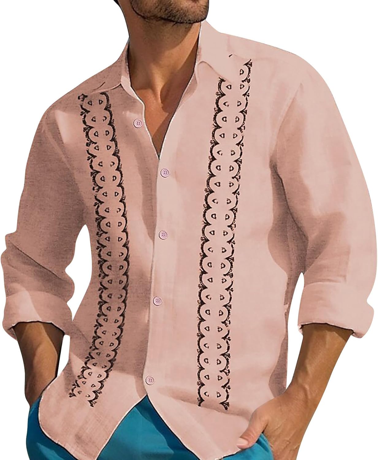 Ymosrh Men's Casual Long Sleeve Button Down Shirts Summer Beach Vacation Cuban Guayabera Shirts, M-5XL