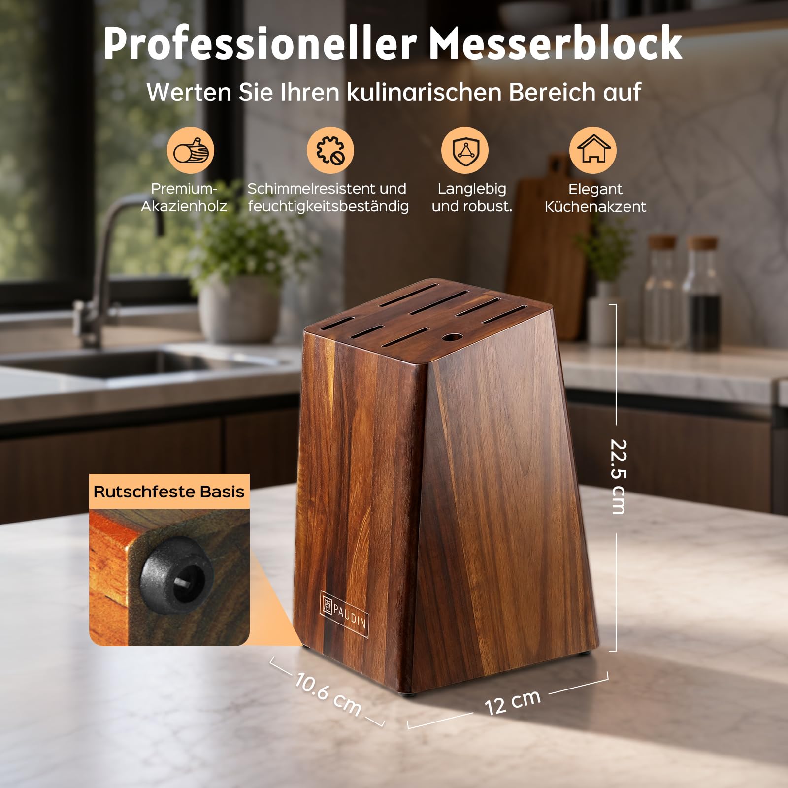 Paudin Messerblock Set mit 9-TLG, Scharfes Hochwertiges Küchenmesser Set aus Edelstahl, Messerblock mit Messer & Ergonomischem Holzgriff, Messerset mit Block für Koch/Haushalt, FDA
