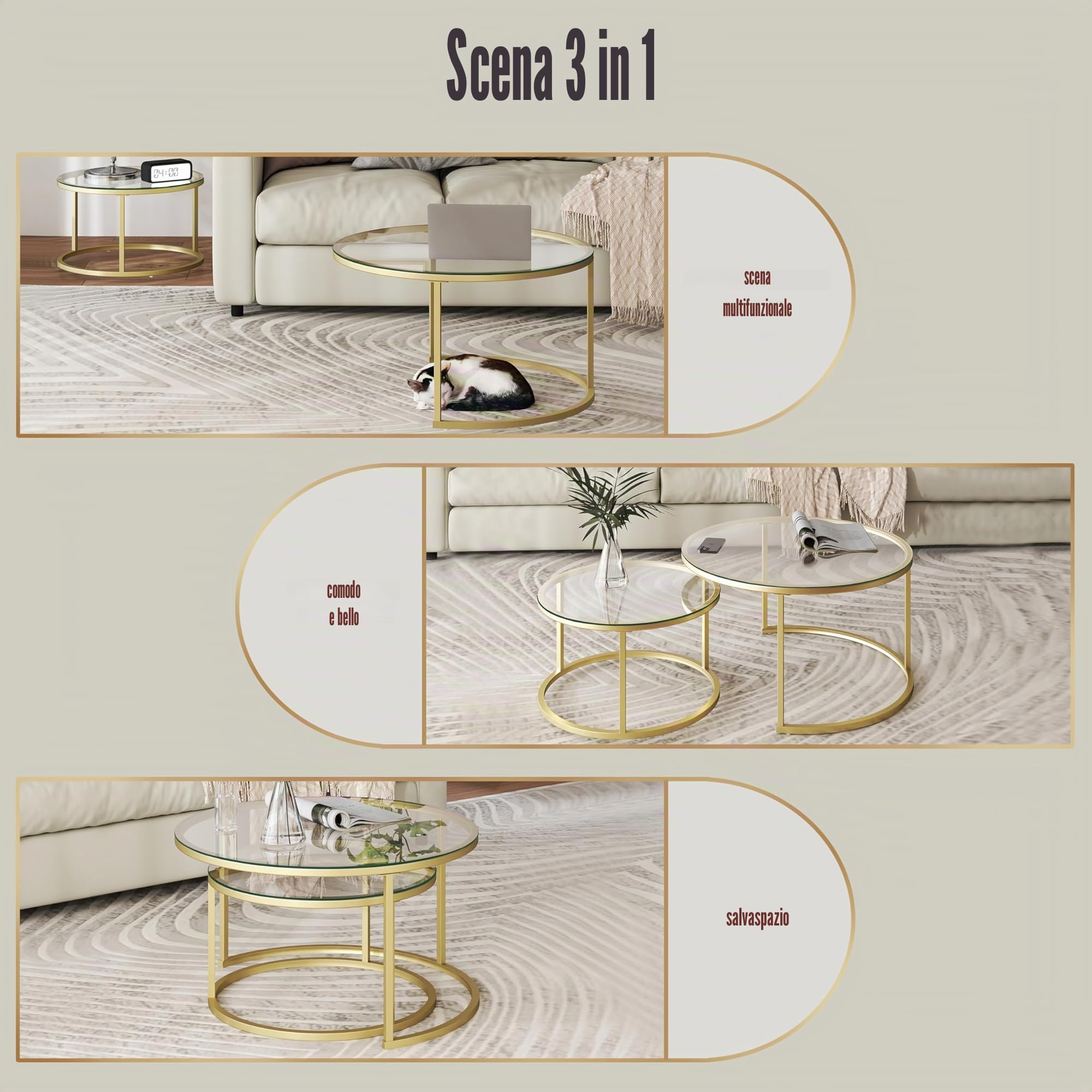 Set di 2 Tavolino da Caffè in Vetro, Rotondo Impilabile per Soggiorno, Gambe in Metallo Dorato, Tavolino Soggiorno Moderno 80x45 cm + 60x35 cm (Vetro+Oro)
