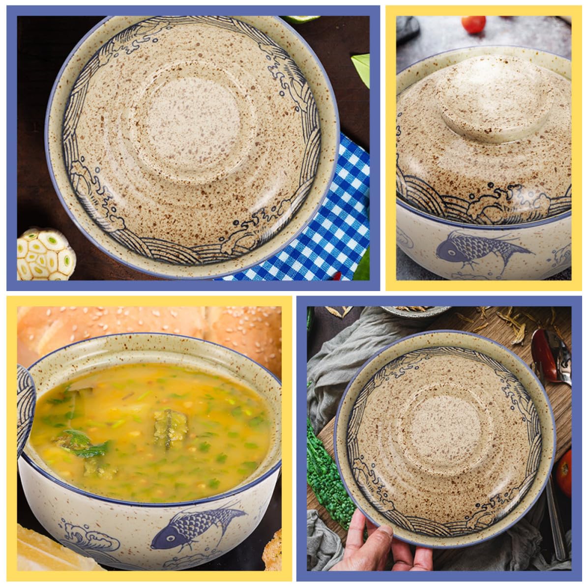 KICHOUSE Japanische Suppenschüssel aus Keramik mit Deckel 21,5cm Große Ramen Schüssel für Nudeln und Salat Einfach zu Reinigen mit Glatter Oberfläche Schlichtes Schönes Design für Food