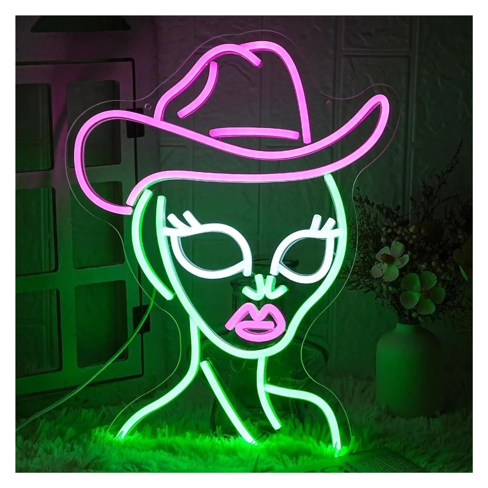 SHOUXI Sign Lamp Alien Cowgirl Neon Sign Dimmable Cowboy Hat LED Light USB Powerd for Bedroom Home Party Decoration 36cmx27.6cm