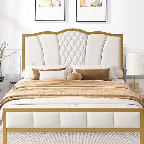 Base de cama tapizada con cabecero, base de colchón moderna con cabecera copetuda, base de cama de plataforma de metal dorado con soporte de