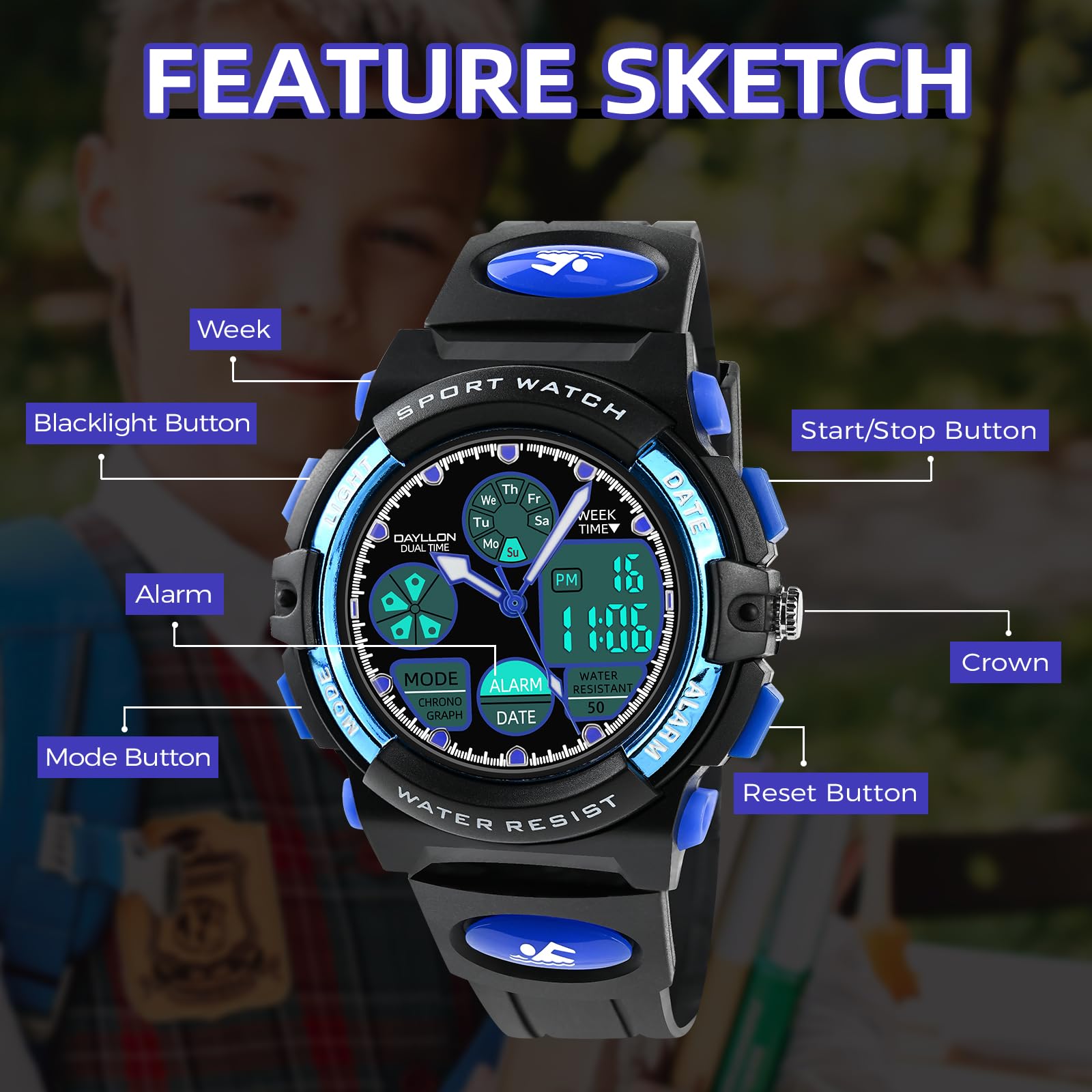 Dayllon Orologi per bambini, ragazzi età 5-15, orologio analogico digitale per bambini, blu, Blu