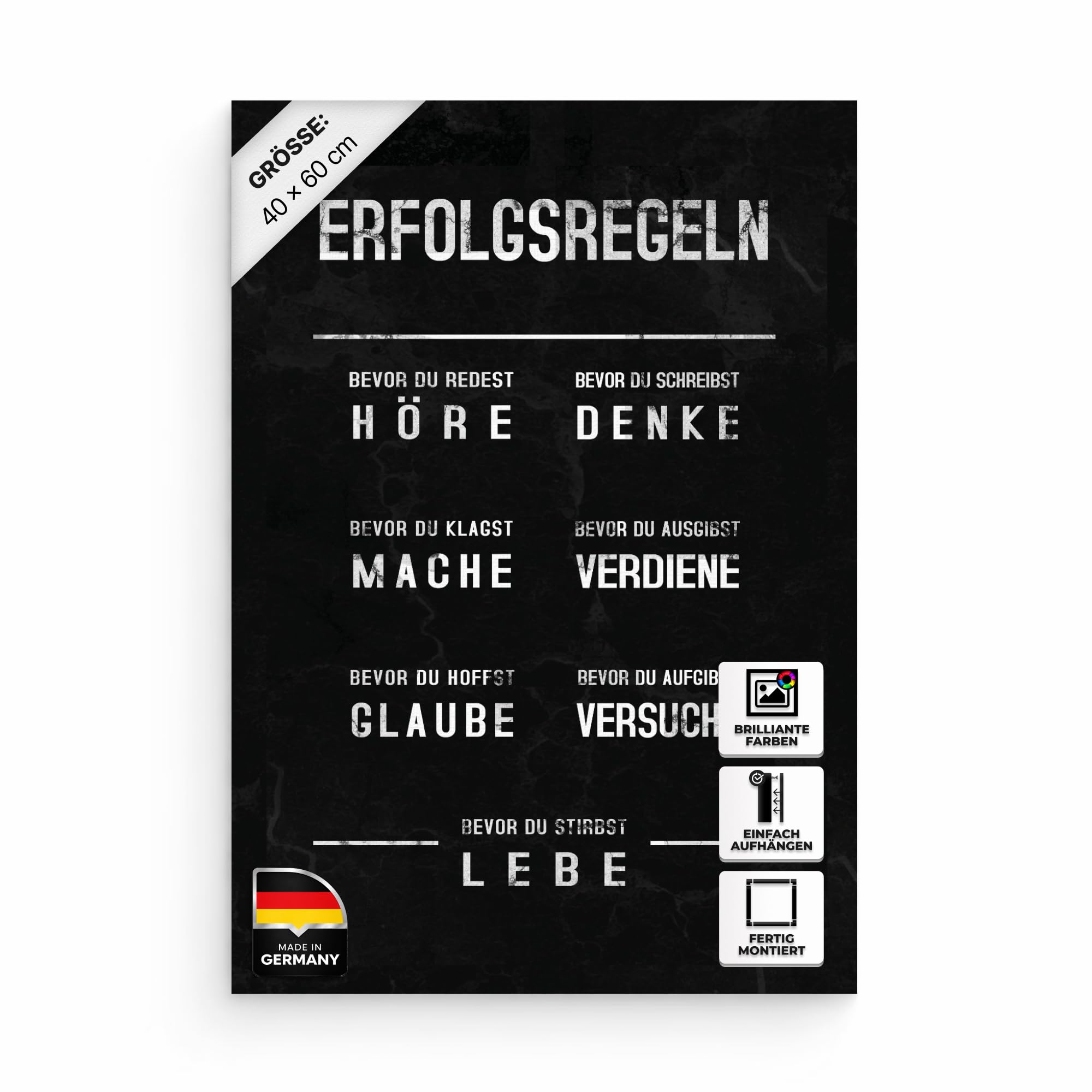Hustling Sharks® Motivationsbild „Erfolgsregeln“ – Leinwand 40 × 60 cm | XXL Motivationsbild im Hochformat, Bilder Büro, Erfolg Bild, Bilder Spruch, Wanddeko Büro, Bilder Motivation