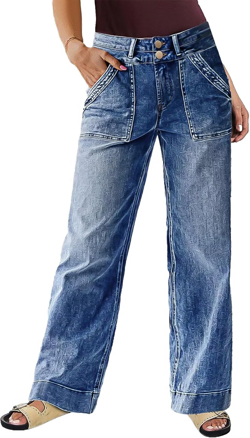 Flamingals Straight Leg Baggy Jeans for Women Mid Rise Dual Button Wash Stretchy Denim Pants with Patch Pocket