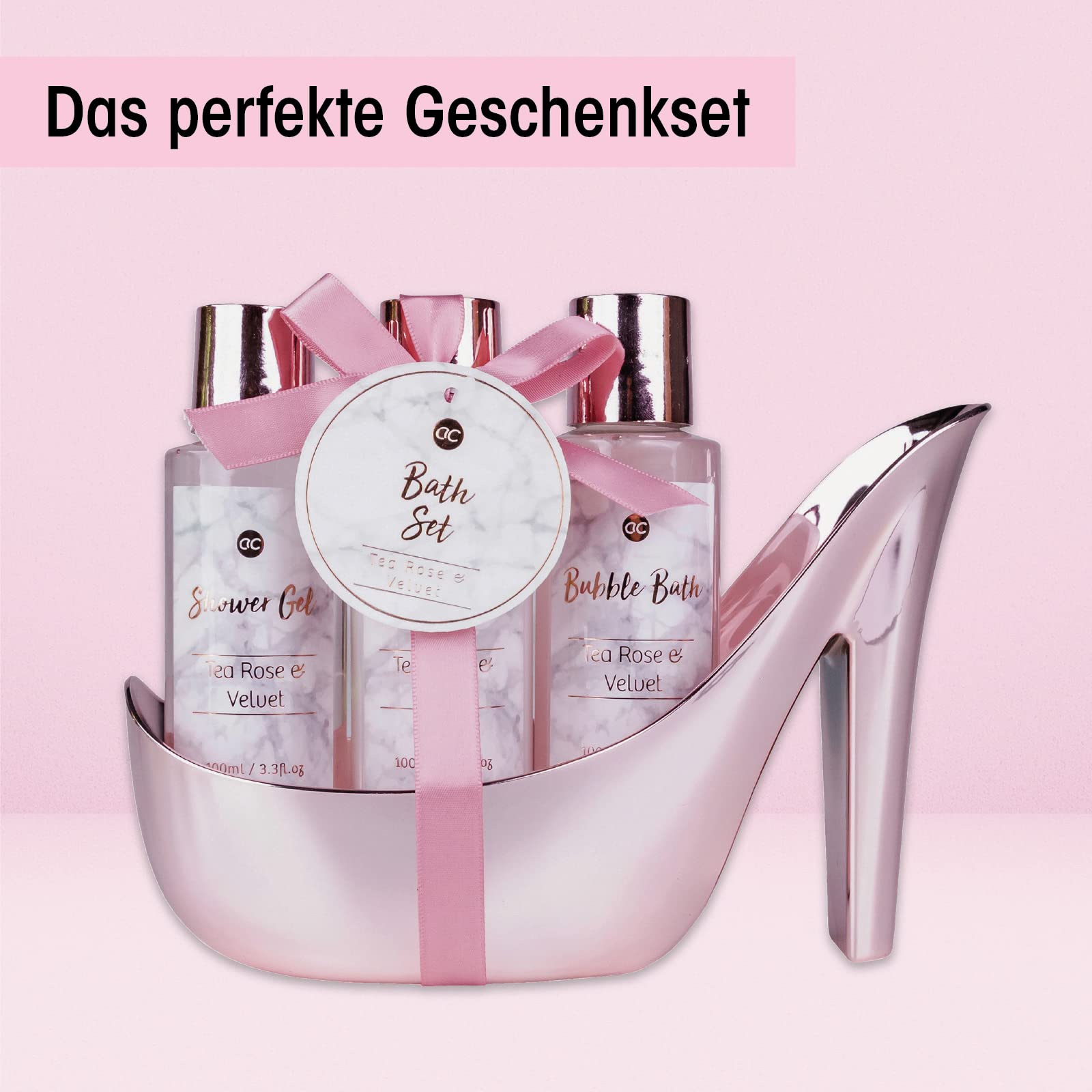 accentra Luxury Badeset Geschenkset in wunderschönem goldenem Glitzer Pumps, 9-teiliges Luxus Beautyset Pflegeset Duschset – für ein entspanntes SPA Erlebnis &