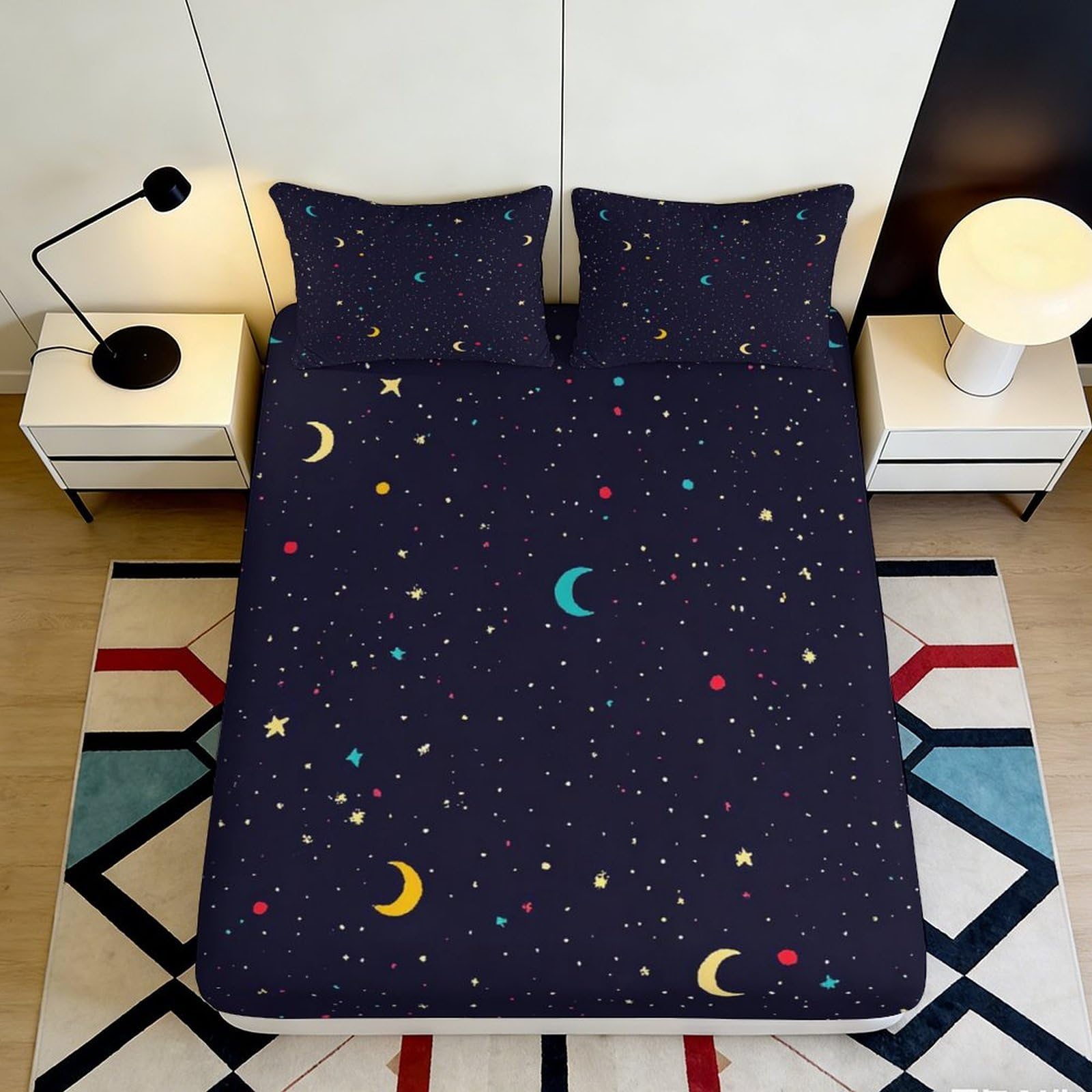3D Printed Galaxy Starry Sky Fitted Sheet Microfiber Slip Resistant Cosmic Moon Mattress Cover for Bedroom Dorm Decor 90x200x25cm