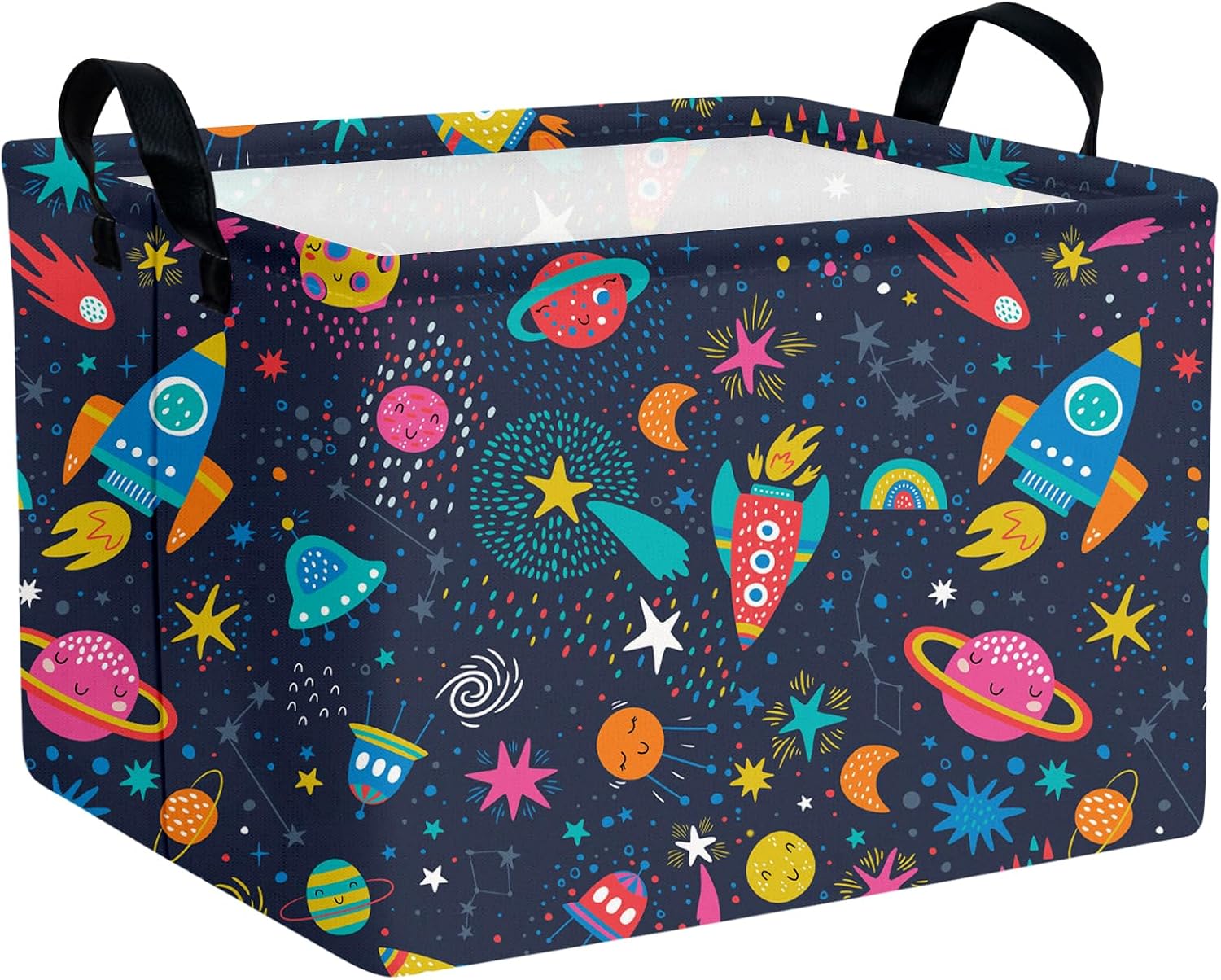 Space Basket – Space Themed Kids Storage Bin, Vibrant Rocket & Planet Patterns, Ideal for Boys Room Decor, Rectangular Storage Basket (B)