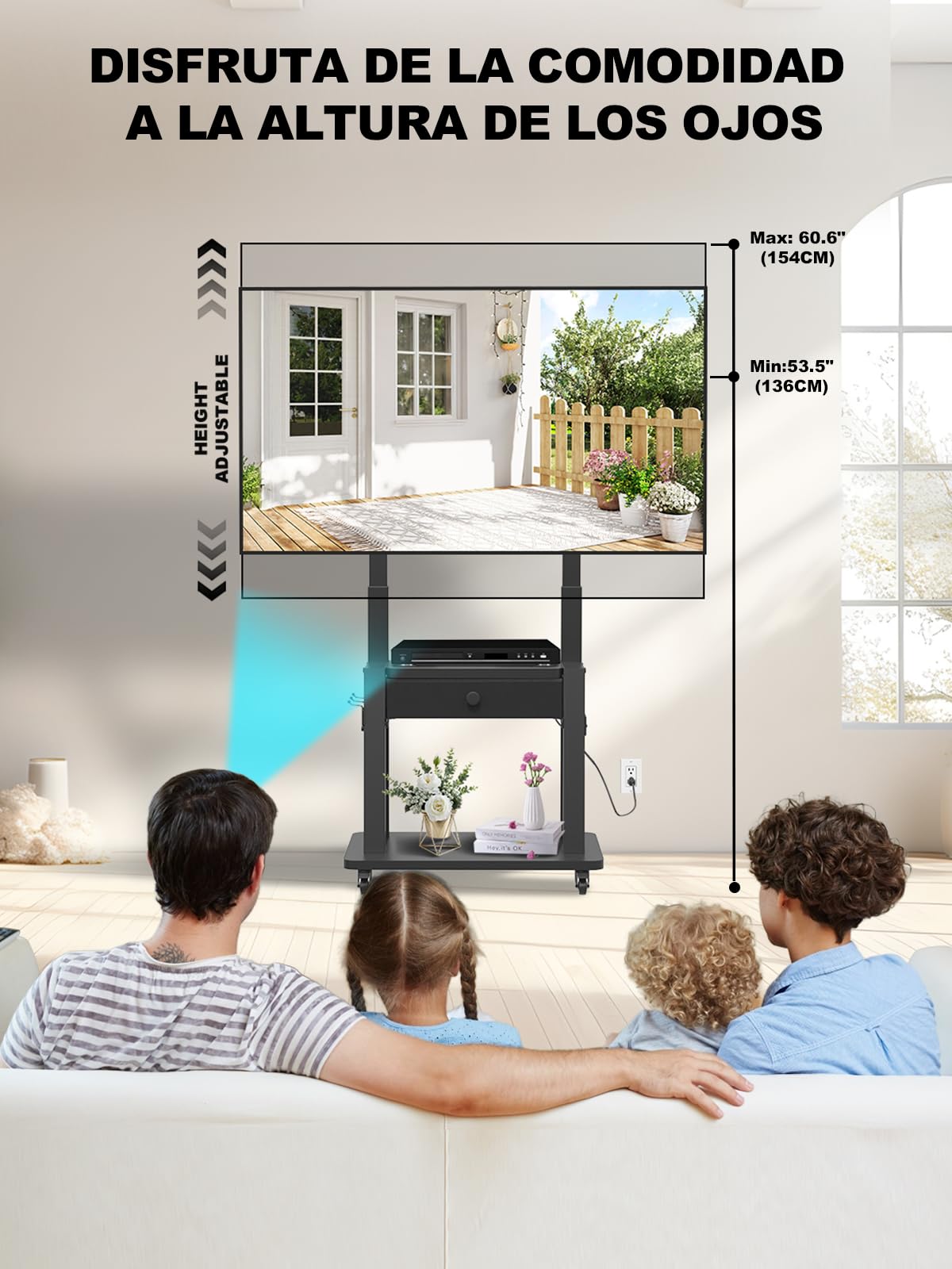 Soporte de TV, Toma de Corriente y cajón de Tela, para TV Planas/Curvas de 32-75", soporta hasta 100 kg, Carro móvil TV con Ruedas y Altura Ajustable, para hogar y Oficina. VESA máx 600 x 400mm Negro