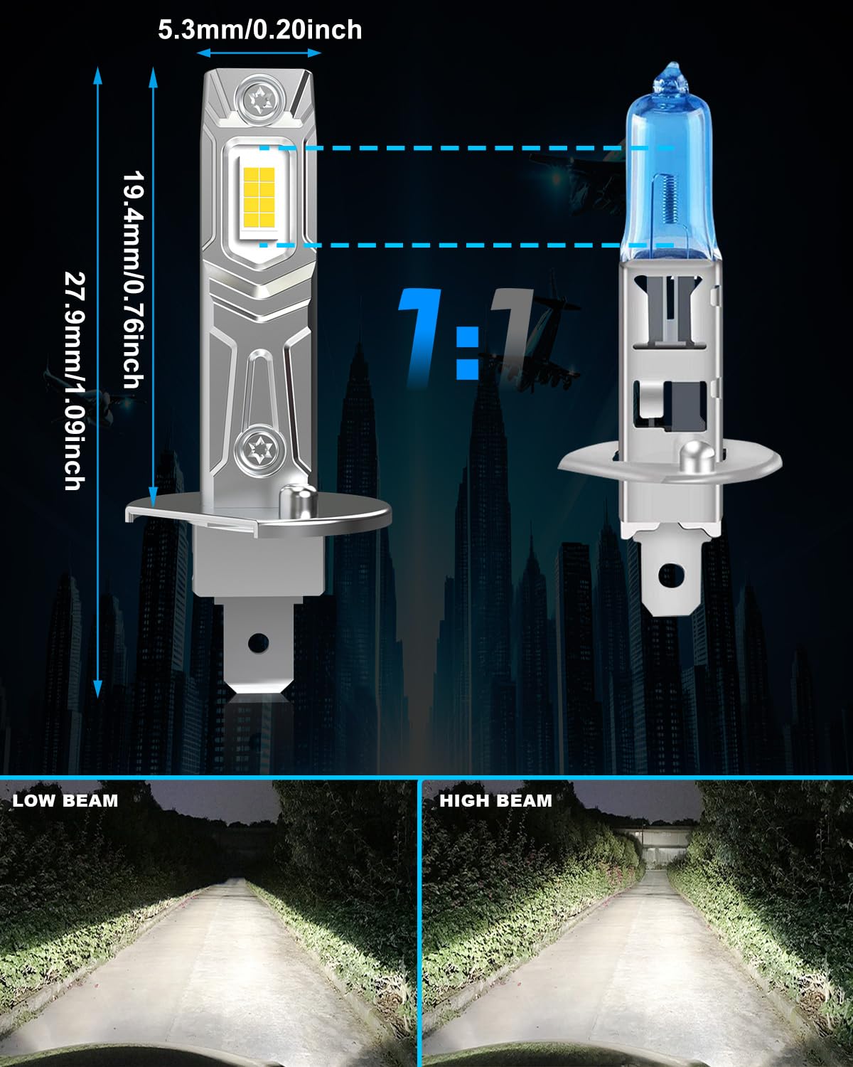 KATUR Bombilla H1 LED 26000LM, 6000K Blanco Bombilla LED H1 para Faros De Coche 80W 500% Brillo Sin Ventilador Mini Tamaño Plug and Play, Paquete De 2