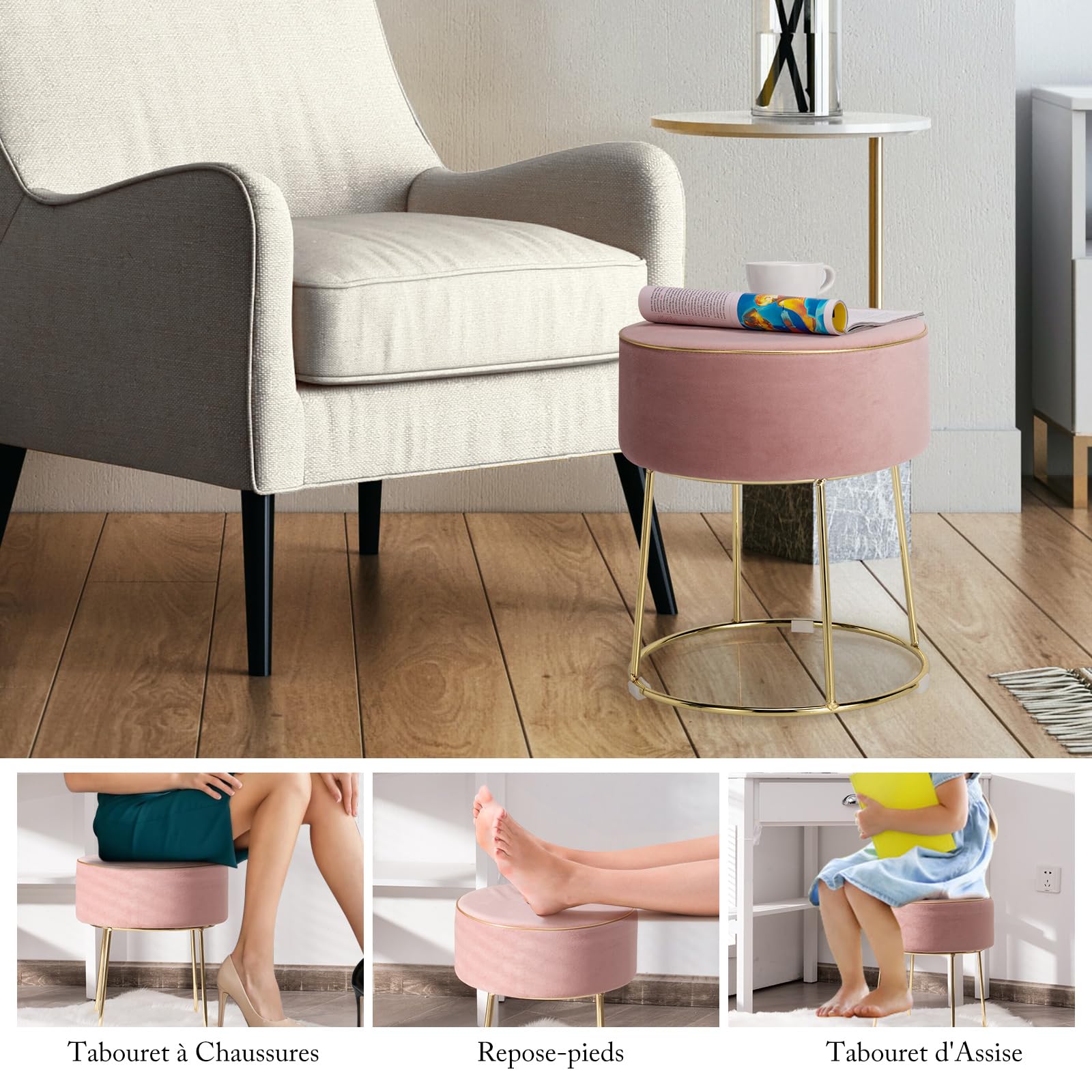 COSTWAY Tabouret Coiffeuse Rond, Pouf Coiffeuse en Velours Rembourré, Pouf Tabouret, Base en Métal, Coussinets Antidérapants, pour Salon, Chambre, Entrée, 35 × 35 × 41 cm (Rose)
