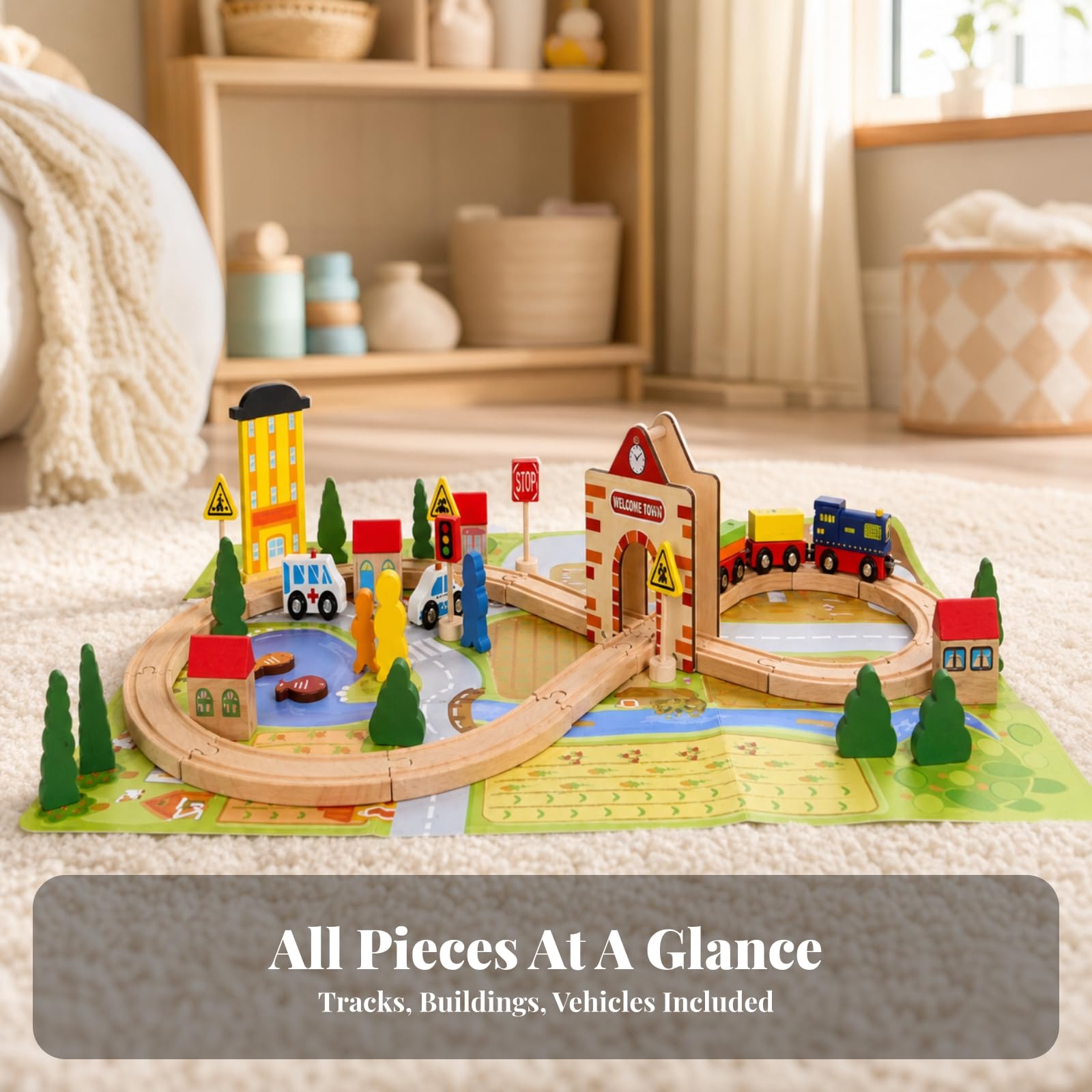 Almencla Trenino di Legno Educativo Modulare, Colorato, Set di Binari Ferroviari in Legno, per Cameretta, Asilo, Bambini