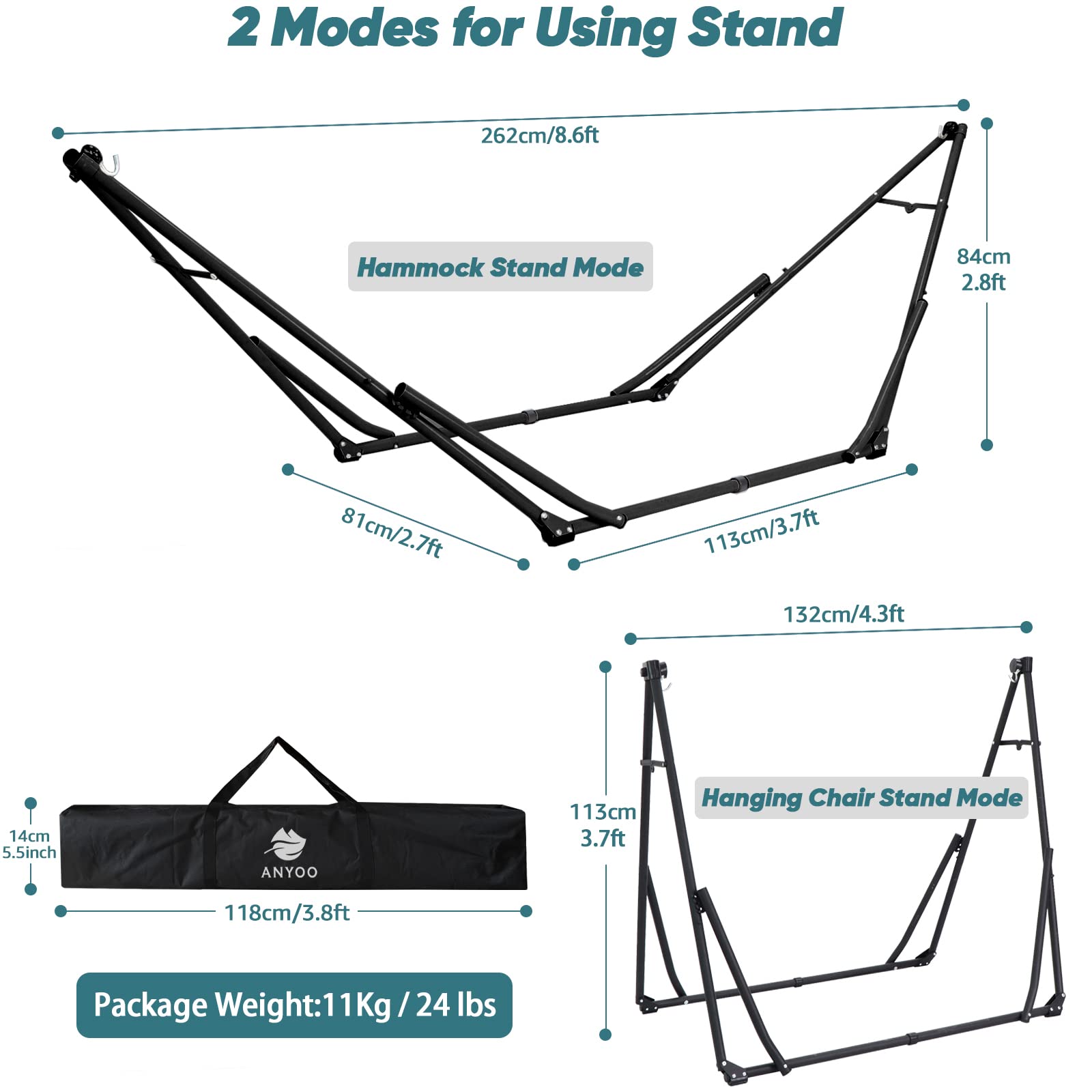 Anyoo 2 in 1 Hammock and Swinging Chair with Collapsible Steel Stand & Carrying Case,Portable & Adjustable,Easy Set Up, Perfect for Outdoor,Indoor,Patio,Garden,Camping Trip Black