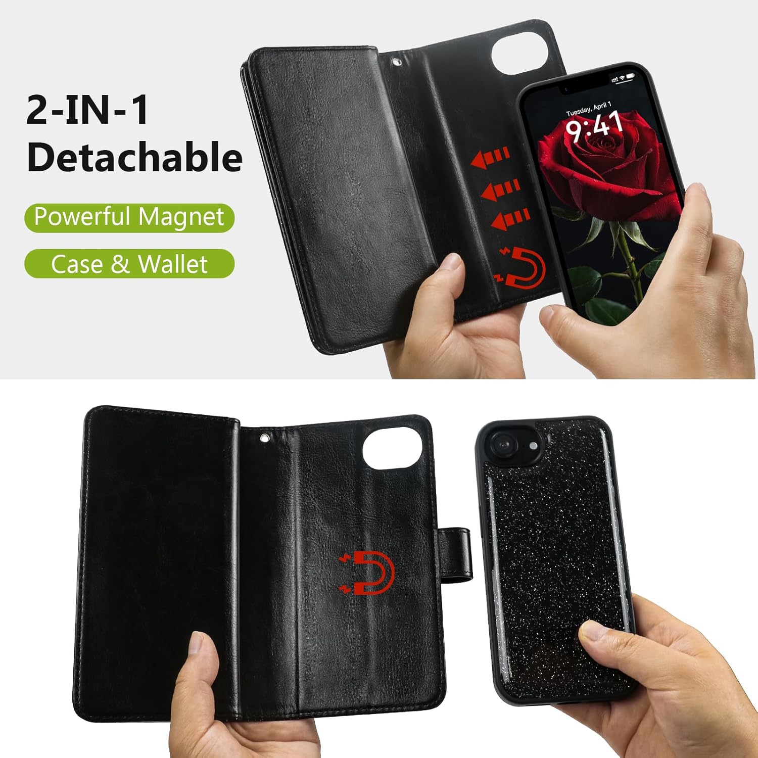 Varikke for iPhone 17e / iPhone 16e Wallet Case Detachable with RFID Blocking Card Holder for Women, Glitter Leather Wrist Strap Strong Magnetic Flip Wallet Removable Phone Case 6.1", Black