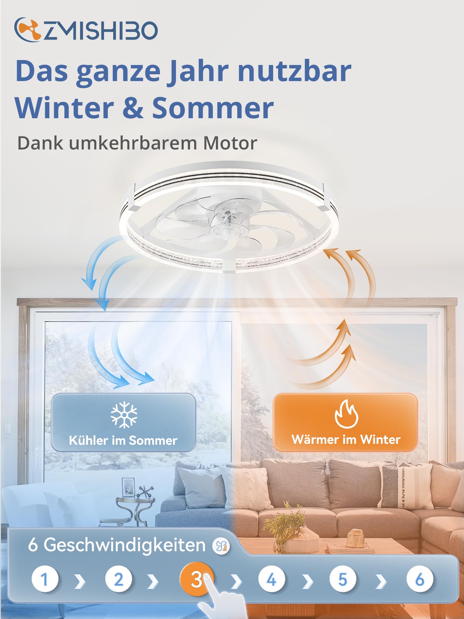 ZMISHIBO Deckenventilator mit Beleuchtung, dimmbare LED 3000K-7000K, 6 Geschwindigkeiten, Umkehrfunktion, APP & Fernbedienung, Timer, leise für Wohnzimmer & Schlafzimmer, Weiß