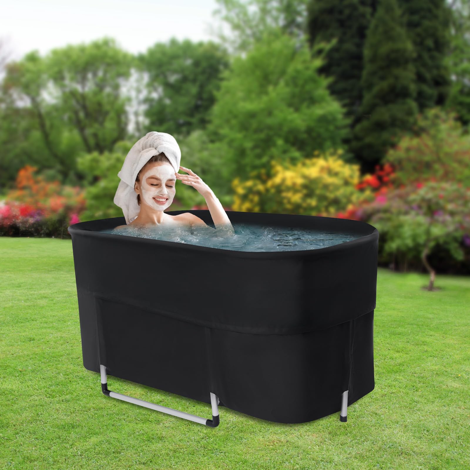 Tragbare Badewanne Faltbar Eiswanne für Erwachsene, 115x57x55cm, Eisbad und Warmbad 0-50°C, für Camping und Reisen, 150kg Tragfähigkeit, Indoor Outdoor Kaltbadewanne Schwarz mit Transporttasche