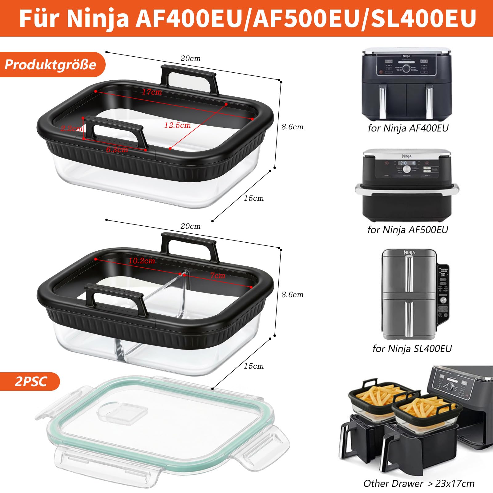 Szklane naczynie do zapiekania Airfryer, akcesoria pasujące do Ninja AF400EU/AF500EU/SL400EU/ SL400EU, 2 komory, nie zawiera BPA, odporne na wysokie temperatury, wyjmowane silikonowe