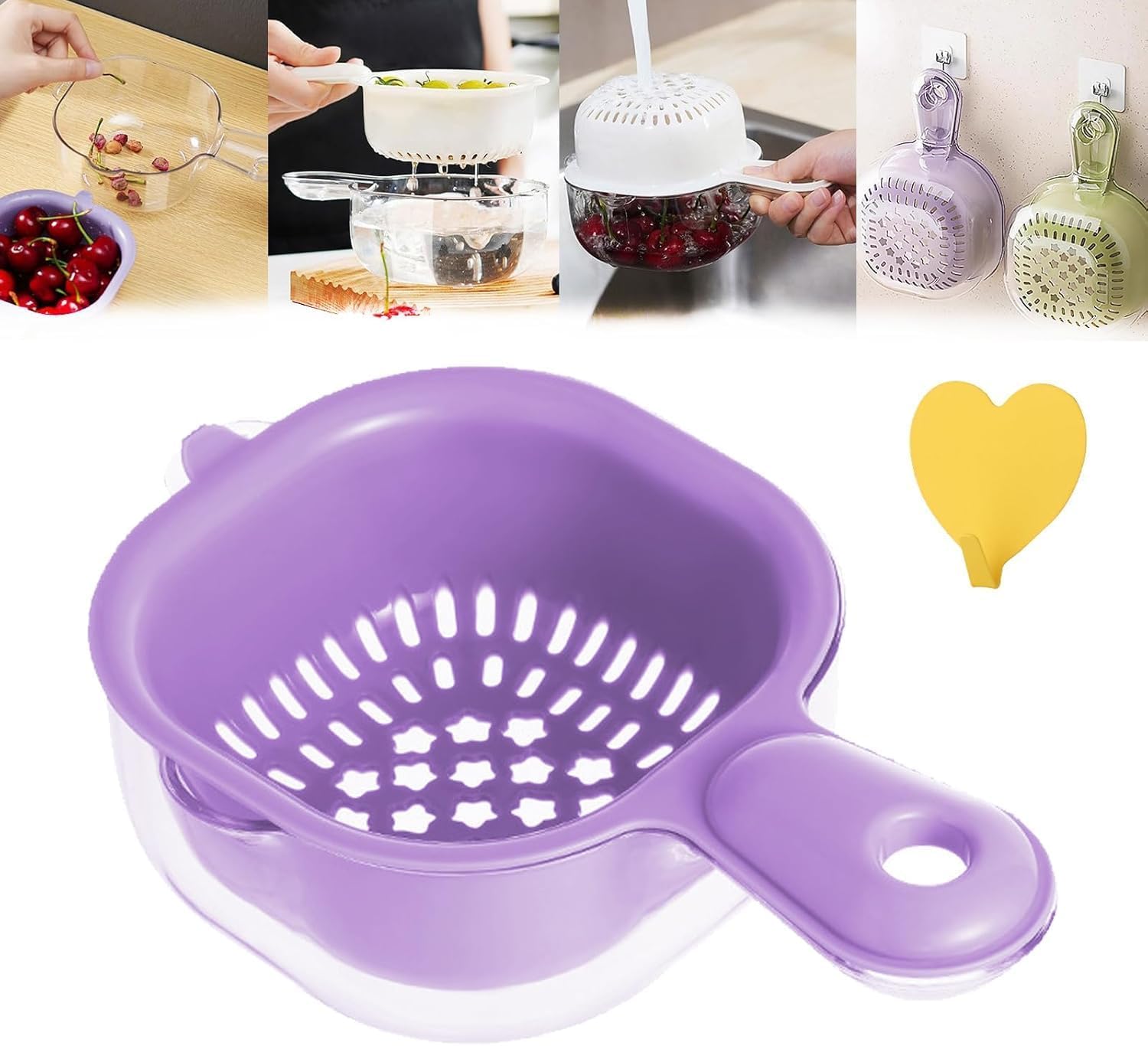 Dual-Layer Draining Basket with Handle, Double Drain Plastic Strainer Fruit Colander Storage Container, 2 in 1 Fruit Vegetable Washing Food Strainers for Mini Berry, Grape (Purple)