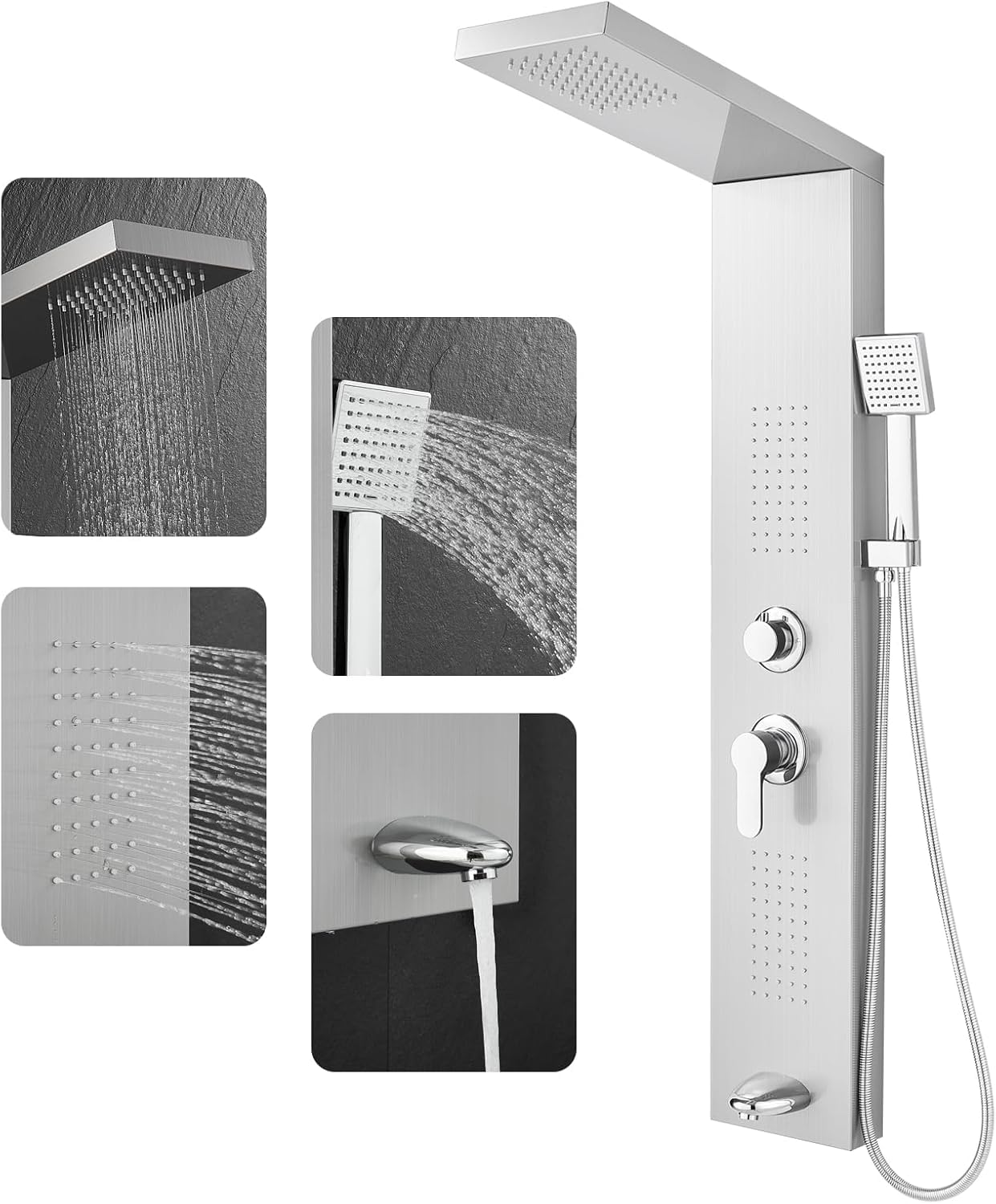 ROVOGO Shower Panel Tower System, 4 Modes - Rainfall, Massage Jets, Hand Shower and Bath Spout, Brushed Stainless Steel Shower Column, Wall Mounted