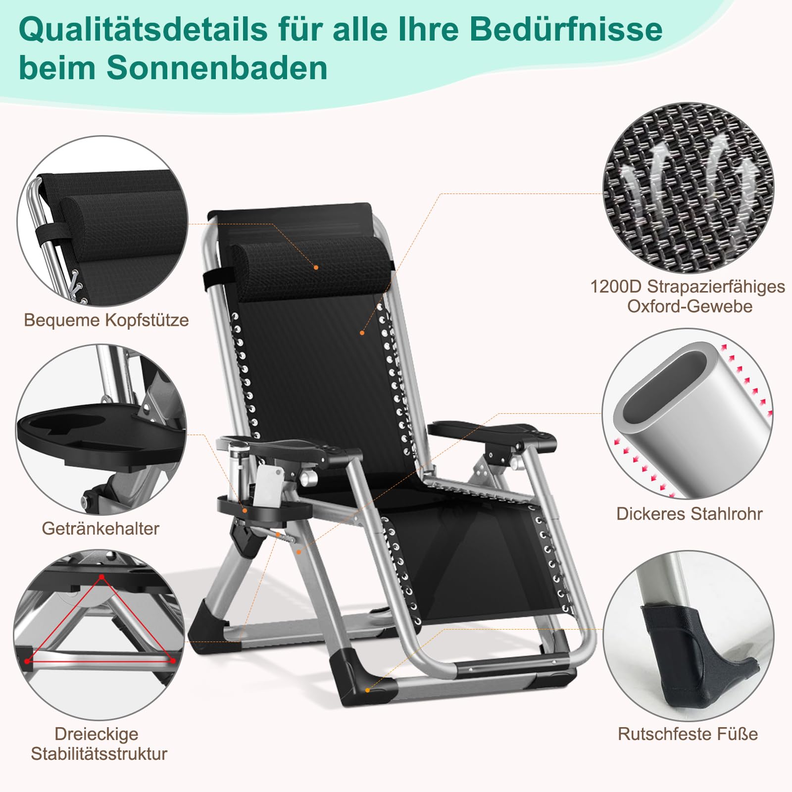 Tumbona plegable, capacidad de carga de 200 kg, silla de gravedad cero, portabilidad, tumbona con cojín, soporte para tazas, extra ancho, ángulo ajustable, tumbona de jardín, adecuada para