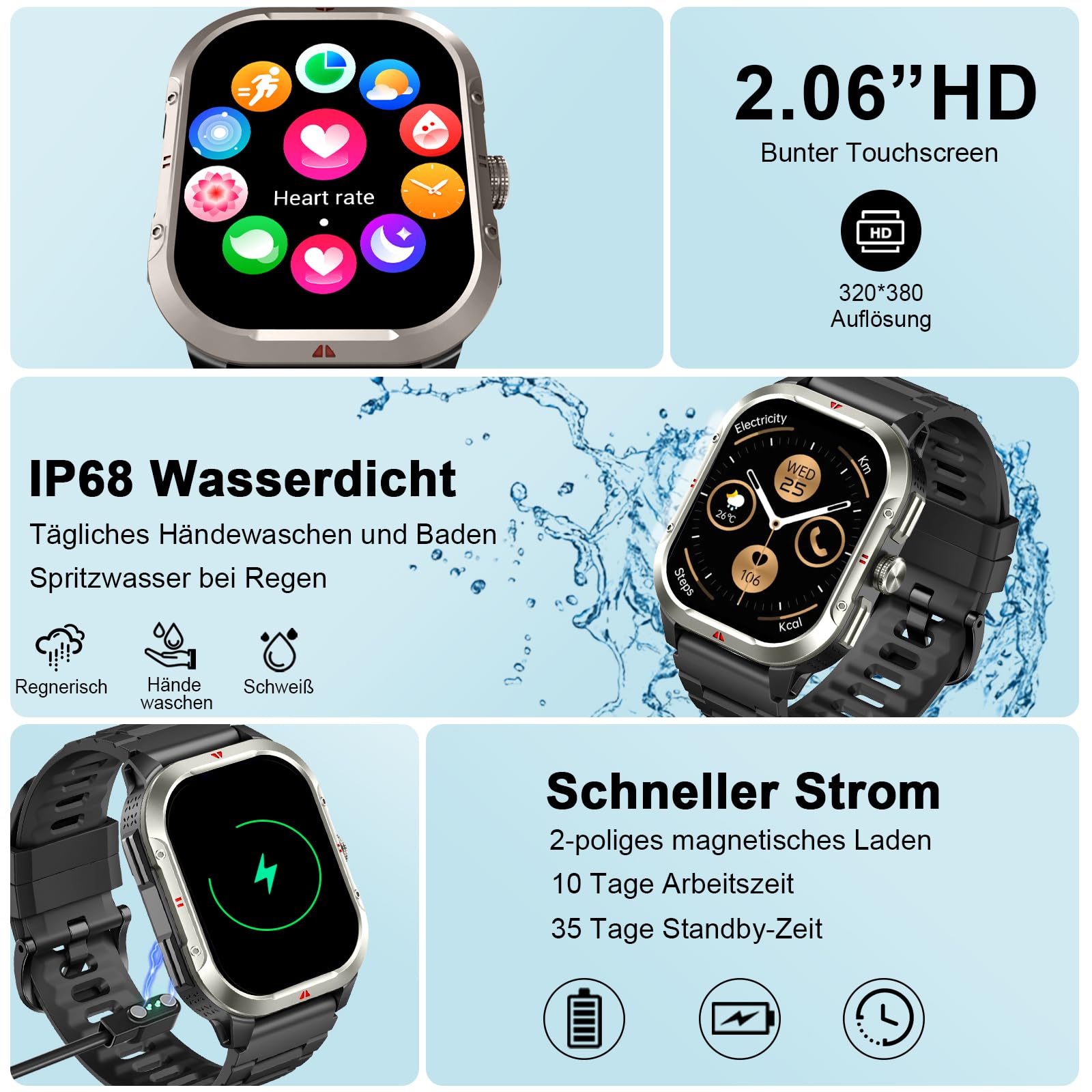 Jugeman Smartwatch Herren mit GPS,2.06" HD Smart Watch mit Telefonfunktion | Fitnessuhr/IP68 Wasserdicht,Sportuhr/110+ Sportmodi,Herzfrequenz/Schlafmonitor/Schrittzähler,Militär Uhr für Fitness Tracker