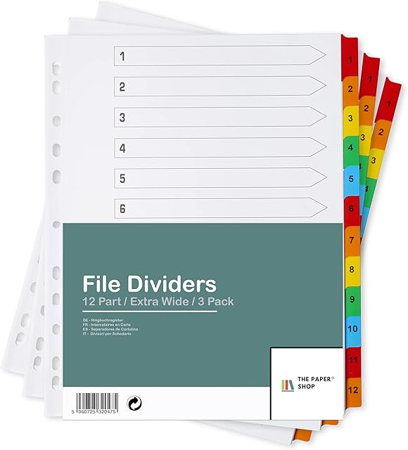 [3 Pack] A4+ Extra Wide 12 Part File Dividers A4+ Extra Wide 12 Part Numbered Subject Dividers Multipunched Reinforced Colour Tabs 150gsm