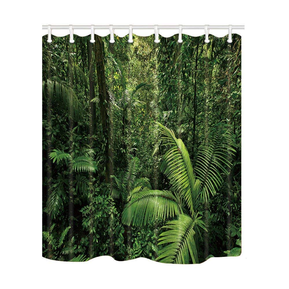 JOOCAR Design Shower Curtain, Rainforest Jungle and Shrubs in Tropical Rain Forest, Waterproof Cloth Fabric Bathroom Decor Set with Hooks
