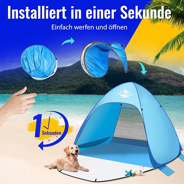 Strandmuschel Pop Up Strandzelt Strandzelt 1-3 Personen, Pop Up Strandmuschel mit Reißverschlusstür UV-Schutz 50+ Windschutz, Automatisches Tragbarer Wurfzelt für Familie Camping Garten Strand - 4