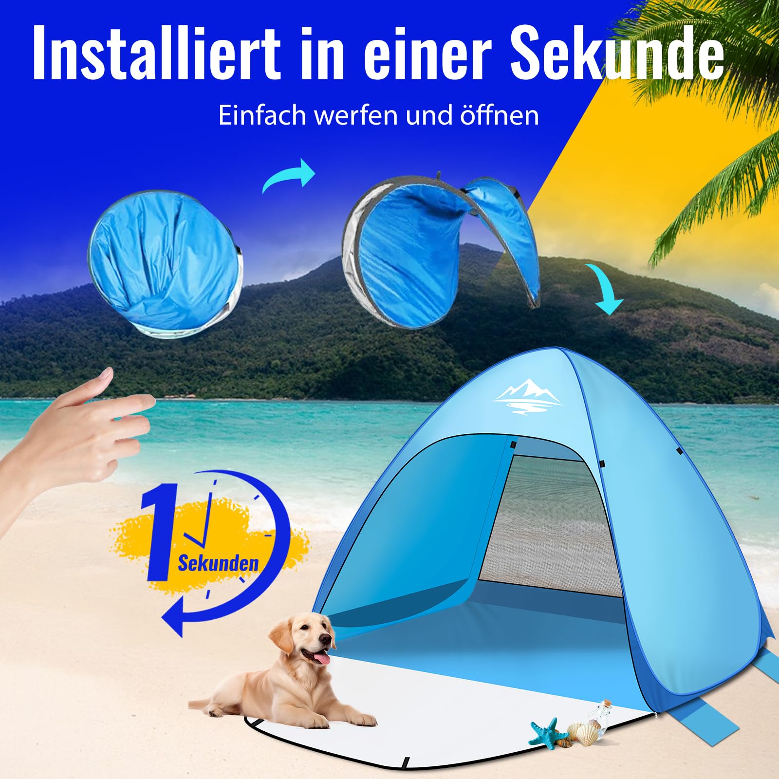 Strandmuschel Pop Up Strandzelt Strandzelt 1-3 Personen, Pop Up Strandmuschel mit Reißverschlusstür UV-Schutz 50+ Windschutz, Automatisches Tragbarer Wurfzelt für Familie Camping Garten Strand - 5