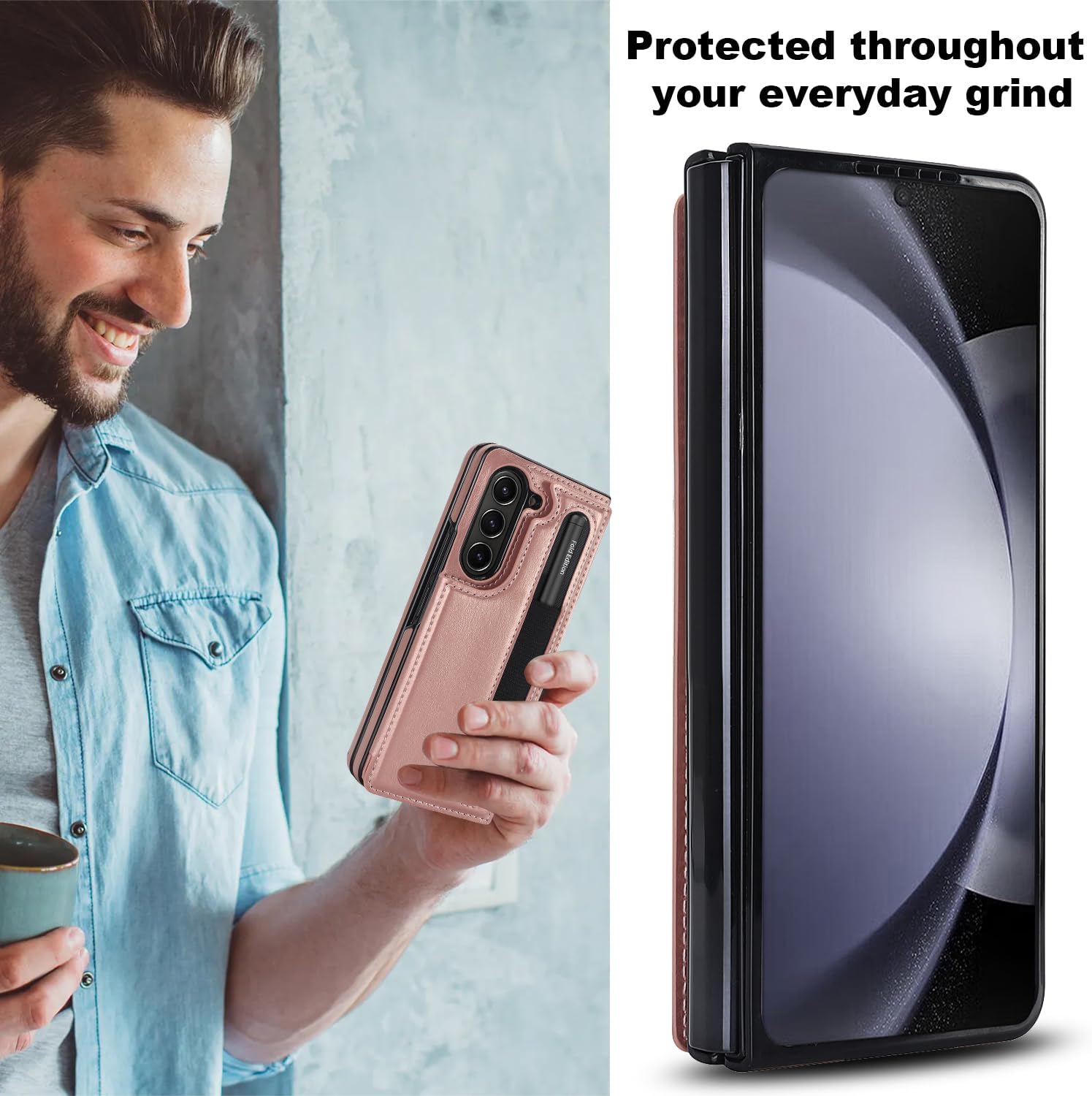 for Samsung Galaxy Z Fold 5 Case with S Pen Holder and Card Holder, Heavy Duty Shockproof Wallet Protector, Luxury Business Leather Cover Case for Galaxy Z Fold 5 (Rose Gold)