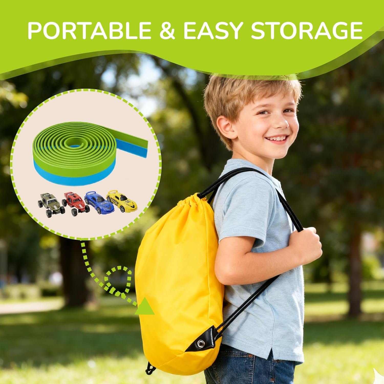 5M Flexible Car Racing Track Set with 2 Loopings, 2-in-1 Race Track with Cars & Carry Bag, Gravity & Pull-Back Race Track, Toy for Children from 3 4 5 6 Years, Gift for Indoor/Outdoor (Green)