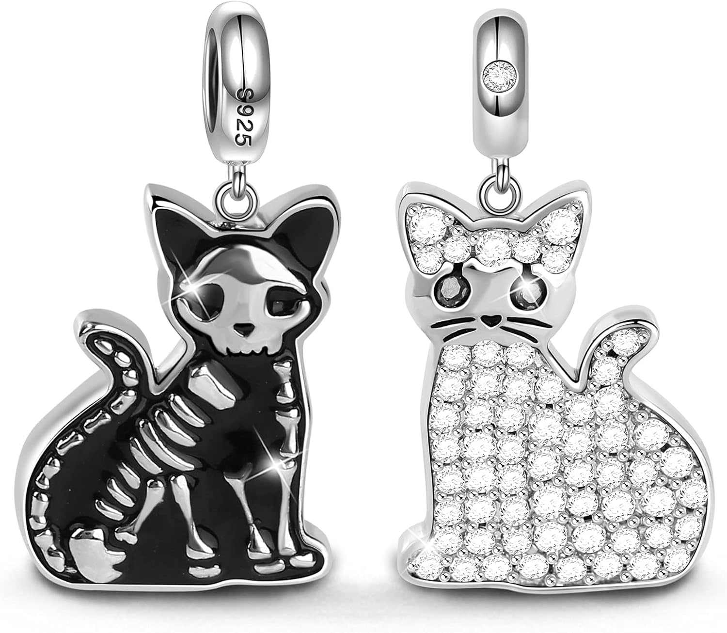 GNOCE Double Sided Cat Bracelet Charms Pendant Sterling Silver Schrodinger's Cat Skeleton Bones Bead Charms with Cubic Zirconia fit Bracelet/Necklace Jewelry Gift for Women Mens