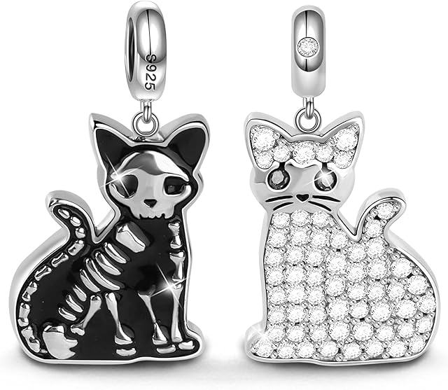 GNOCE Double Sided Cat Bracelet Charms Pendant Sterling Silver Schrodinger's Cat Skeleton Bones Bead Charms with Cubic Zirconia fit Bracelet/Necklace Jewelry Gift for Women Mens
