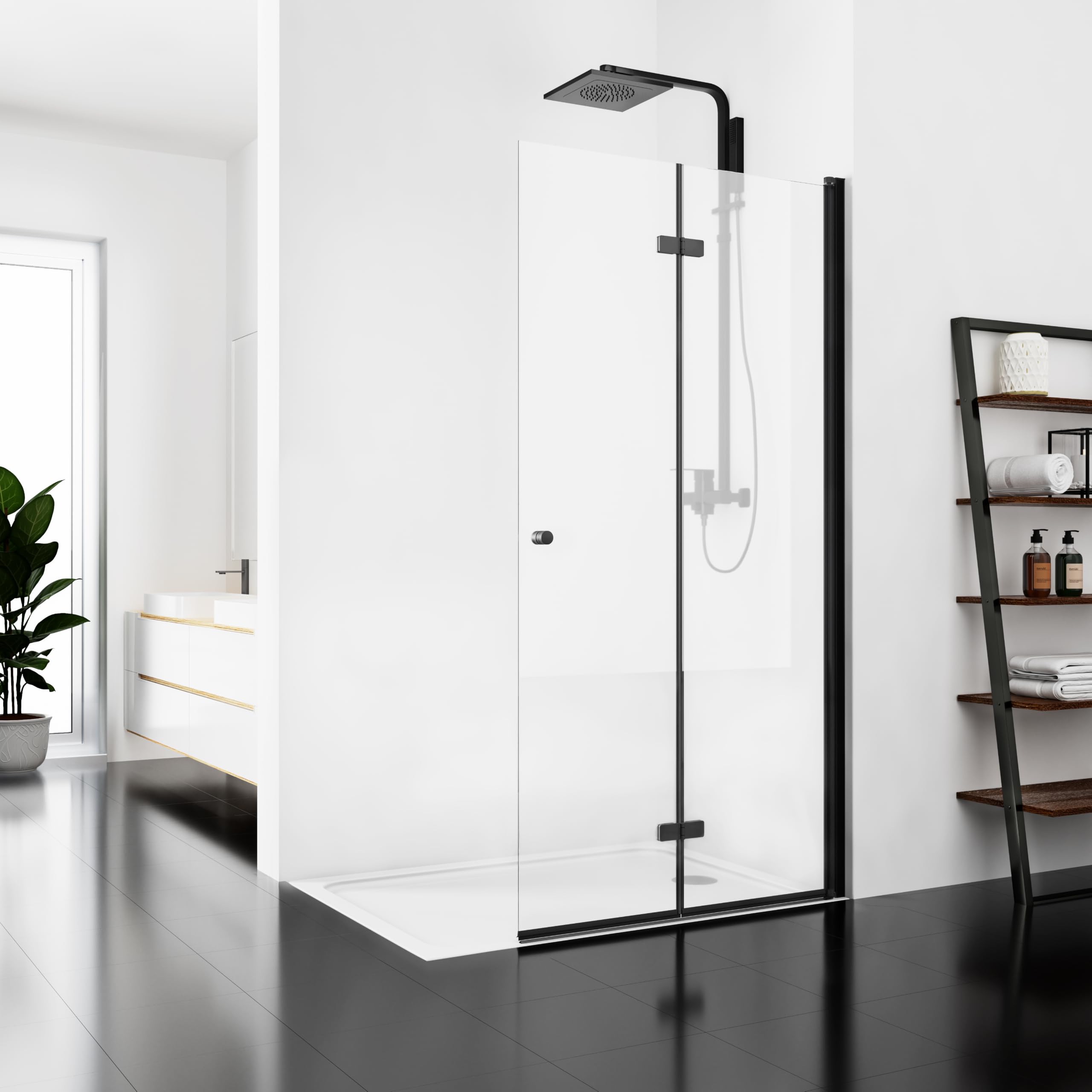 Walk in Duschwand Falttür Schwarz 90 x 185 cm, Walk in Dusche aus 6 mm ESG Glas, Duschabtrennung Faltbar, ohne Duschtasse